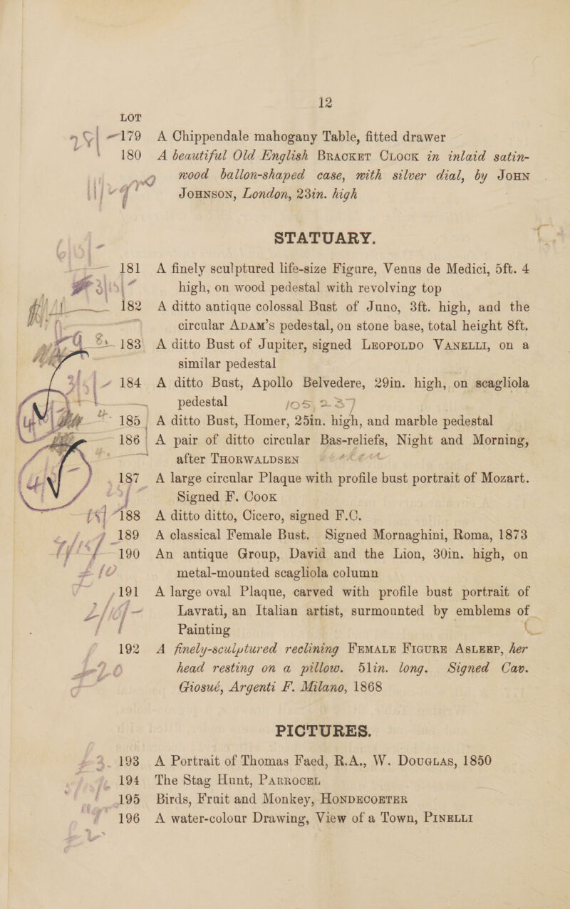 LOT AG [179 A Chippendale mahogany Table, fitted drawer — / 180 A beautiful Old English Bracket CLock in inlaid satin- _» wood ballon-shaped case, nith silver dial, by JoHN af i Li <4 JoHNSON, London, 23in. high \ STATUARY. ft — 181 A finely sculptured life-size Figure, Venus de Medici, 5ft. 4 a high, on wood pedestal with revolving top _ 182 A ditto antique colossal Bust of Juno, 3ft. high, and the ney tk circular ADAm’s pedestal, on stone base, total height 8ft. +183 A ditto Bust of Jupiter, signed LeopoLpo VANELLI, on a | similar pedestal |» 184 A ditto Bust, Apollo : Gauls 29in. high, on seagliola Mi SCt~=COede stall JOS, 2-37 | 185, A ditto Bust, Homer, 25in. high, and marble pedestal ” 186) A pair of ditto circular eee nets, Night and Morning, aa after THORWALDSEN _ 187 A large circular Plaque with Ales bust portrait of Mozart. , ; Signed F. Coox | “188 A ditto ditto, Cicero, signed F.C. * 4 _189 A classical Female Bust. Signed Mornaghini, Roma, 1873 f Ly : ‘ ~~190 An antigue Group, David and the Lion, 30in. high, on  £ {0 metal-mounted scagliola column ~~ 191 A large oval Plaque, carved with profile bust portrait of Lh ke j - Lavrati, an Italian artist, surmounted by emblems of _ “ay Painting 192 A finely-sculptured reclining FEMALE FIGURE ASLEEP, hae inf head resting on a pillow. Slin. long. Signed Cav. : Giosué, Argent: F. Milano, 1868 PICTURES. 2.193 A Portrait of Thomas Faed, R.A., W. Douatas, 1850 . 194 The Stag Hunt, ParroceL 195 Birds, Frait and Monkey, HonpEcorTErR 196 A water-colour Drawing, View of a Town, PINELLI Se
