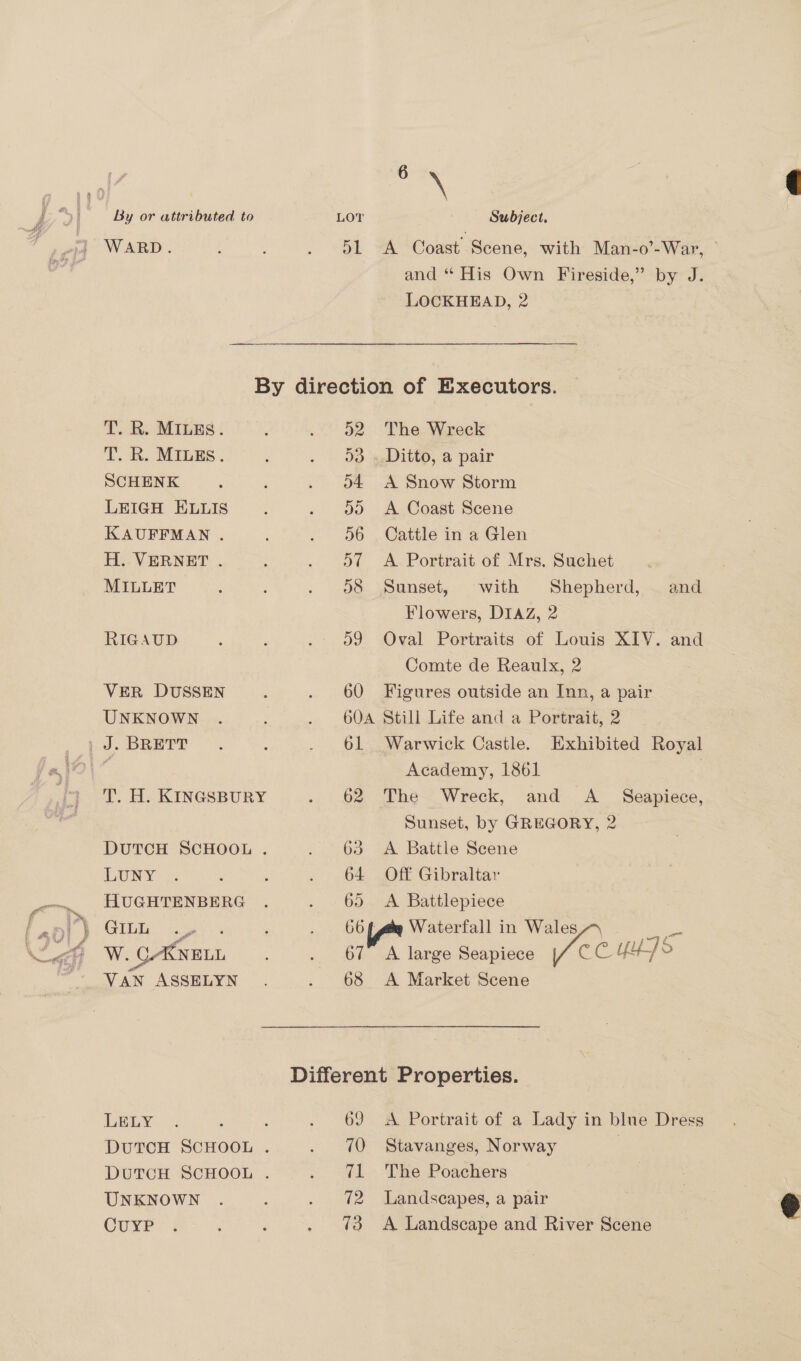 WARD. T. R. MILES. T. R. MILES. SCHENK LEIGH ELLIS KAUFFMAN . H. VERNET . MILLET RIGAUD VER DUSSEN UNKNOWN LUNY HUGHTENBERG W. CAKNELL VAN ASSELYN LELY UNKNOWN CUYP LOT His Subject. and “ His Own Fireside,” by J. LOCKHEAD, 2 D2 D3 o4 ay) 56 D7 58 59 60 60A 61 62 63 64 65 The Wreck Ditto, a pair A Snow Storm A Coast Scene Cattle in a Glen A Portrait of Mrs. Suchet Sunset, with Shepherd, and Flowers, DIAZ, 2 Oval Portraits of Louis XIV. and Comte de Reaulx, 2 Figures outside an Inn, a pair Still Life and a Portrait, 2 Warwick Castle. Exhibited Royal Academy, 1861 | The Wreck, and A _ Seapiece, Sunset, by GREGORY, 2 A Battle Scene Off Gibraltar A Battlepiece 68 A Market Scene 69 70 yee 12 73 A Portrait of a Lady in blue Dress Stavanges, Norway The Poachers Landscapes, a pair A Landscape and River Scene  