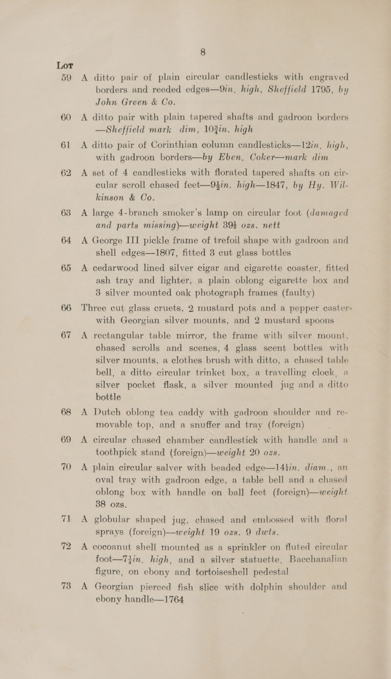 59 60 61 66 67 68 69 70 (a: 72 73 8 A ditto pair of plain circular candlesticks with engraved borders and reeded edges—9in. high, Sheffield 1795, by John Green &amp; Co. A ditto pair with plain tapered shafts and gadroon borders —Sheffield mark dim, 103in. high A ditto pair of Corinthian column candlesticks—12in, high, with gadroon borders—by Hben, Coker—mark dim A set of 4 candlesticks with florated tapered shafts on cir- cular scroll chased feet—94in. high—1847, by Hy. Wil- kinson &amp; Co. A large 4-branch smoker’s lamp on circular foot (damaged and parts missing)—weight 39% ozs. nett A George III pickle frame of trefoil shape with gadroon and shell edges—1807, fitted 8 cut glass bottles A cedarwood lined silver cigar and cigarette coaster, fitted ash tray and lighter, a plain oblong cigarette box and 3 silver mounted oak photograph frames (faulty) Three cut glass cruets, 2 mustard pots and a pepper casters with Georgian silver mounts, and 2 mustard spoons A rectangular table mirror, the frame with silver mount, chased scrolls and scenes, 4 glass scent bottles with silver mounts, a clothes brush with ditto, a chased table bell, a ditto circular trinket box, a travelling clock, a silver pocket flask, a silver mounted jug and a ditto bottle A Dutch oblong tea caddy with gadroon shoulder and re- movable top, and a snuffer and tray (foreign) A circular chased chamber candlestick with handle and a toothpick stand (foreign)—weight 20 ozs. A plain circular salver with beaded edge—14tin. diam., an oval tray with gadroon edge, a table bell and a chased oblong box with handle on ball feet (foreign)}—weight 38 ozs. A globular shaped jug, chased and embossed with floral Sprays (foreign)—weight 19 ozs. 9 dwts. A cocoanut shell mounted as a sprinkler on fluted circular foot—Ttin, high, and a silver statuette, Bacchanalian figure, on ebony and tortoiseshell pedestal A Georgian pierced fish slice with dolphin shoulder and ebony handle—1764