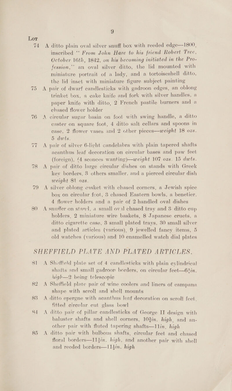 9 76 inscribed ‘‘ From John Hare to his friend Robert Tree, October 16th, 1842, on his becoming initiated in the Pro- fession,’’ an oval silver ditto, the lid moumted with miniature portrait of a lady, and a tortoiseshell ditto, the lid inset with miniature figure subject painting A pair of dwarf candlesticks with gadroon edges, an oblong trinket box, a eake knife and fork with silver handles, a paper knife with ditto, 2 French pastile burners and a ehased flower holder A circular sugar basin on foot with swing handle, a ditto caster on square foot, 4 ditto salt cellars and spoons in case, 2 flower vases and 2 other pieces—weight 18 ozs. 5 dwts. A pair of silver 6-light candelabra with plain tapered shafts acanthus leaf decoration on circular bases and paw feet (foreign), (4 sconces wanting)—weight 107 ozs. 15 dwts. A pair of ditto large circular dishes on stands with Greek kev borders, 8 others smaller. and a pierced circular dish weight 81 ozs. A silver oblong easket with chased corners, a Jewish spice box on circular foot, 8 chased Eastern bowls, a benetier. 4 flower holders and a pair of 2-handled oval dishes A snuftfer on stand, a small oval chased tray and 3 ditto cup holders, 2 miniature wire baskets, 8 Japanese cruets, a ditto cigarette case, 3 small plated trays, 80 small silver and plated articles (various), 9 jewelled fancy items, 5 old watches (various) and 10 enamelled watch dial plates 81 85 A Sheffeld plate set of 4 candlesticks with plain cylindrical shafts and small gadroor berders, on cireular feet—6lin. high—2 being telescopic A Sheffield plate pair of wine coolers and liners of campana shape with scroll and shell mounts A ditto epergne with acanthus leaf decoration on scroll feet, fitted circular cut glass bowl A ditto pair of pillar candlesticks of George IT design with baluster shafts and shell corners, 103in. high, and an- other pair with fluted tapering shafts—llin, high A ditto pair with bulbous shafts, circular feet and chased floral borders—I14in. high, and another pair with shell and reeded borders—Il14in. high