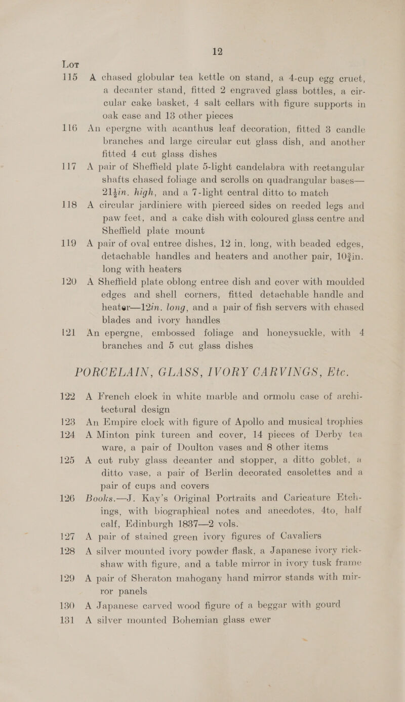 115 116 1 ay 118 119 12 A chased globular tea kettle on stand, a 4-cup egg cruet, a decanter stand, fitted 2 engraved glass bottles, a cir- cular cake basket, 4 salt cellars with figure supports in oak case and 18 other pieces An epergne with acanthus leaf decoration, fitted 3 candle branches and large circular cut glass dish, and another fitted 4 cut glass dishes A pair of Sheffield plate 5-light candelabra with rectangular shafts chased foliage and scrolls on quadrangular bases— 21tin. high, and a 7-light central ditto to match A circular jardiniere with pierced sides on reeded legs and paw feet, and a cake dish with coloured glass centre and Sheffield plate mount A pair of oval entree dishes, 12 in. long, with beaded edges, detachable handles and heaters and another pair, 1032in. long with heaters A Sheffield plate oblong entree dish and cover with moulded edges and shell corners, fitted detachable handle and heater—1l2in. long, and a pair of fish servers with chased blades and ivory handles An epergne, embossed foliage and honeysuckle, with 4 branches and 5 cut glass dishes 122 129 130 131 A French clock in white marble and ormolu case of archi- tectural design An Empire clock with figure of Apollo and musical trophies A Minton pink tureen and cover, 14 pieces of Derby tea ware, a pair of Doulton vases and 8 other items A cut ruby glass decanter and stopper, a ditto goblet, a ditto vase, a pair of Berlin decorated casolettes and a pair of cups and covers | Books.—J. Kay’s Original Portraits and Caricature Etcli- ings, with biographical notes and anecdotes, 4to, halt calf, Edinburgh 1837—2 vols. A pair of stained green ivory figures of Cavaliers A silver mounted ivory powder flask, a Japanese ivory rick- shaw with figure, and a table mirror in ivory tusk frame A pair of Sheraton mahogany hand mirror stands with mir- ror panels A Japanese carved wood figure of a beggar with gourd A silver mounted Bohemian glass ewer