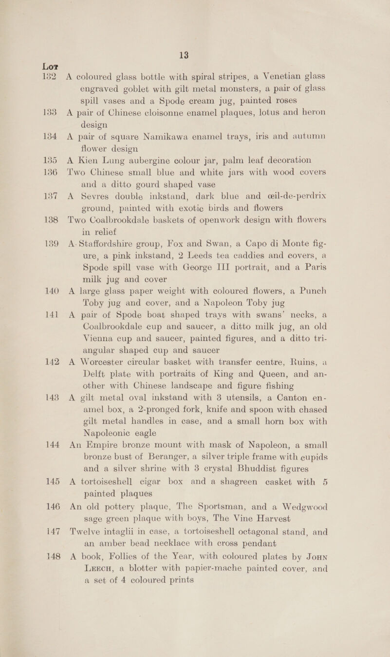 141 142 143 144 13 A coloured glass bottle with spiral stripes, a Venetian glass engraved goblet with gilt metal monsters, a pair of glass spill vases and a Spode cream jug, painted roses A pair of Chinese cloisonne enamel plaques, lotus and heron design A pair of square Namikawa enamel trays, iris and autumn flower design A Kien Lung aubergine colour jar, palm leaf decoration Two Chinese small blue and white jars with wood covers and a ditto gourd shaped vase A Sevres double inkstand, dark blue and ceil-de-perdrix ground, painted with exotic birds and flowers Two Coalbrookdale baskets of openwork design with flowers in relief A- Staffordshire group, Fox and Swan, a Capo di Monte fig- ure, a pink inkstand, 2 Leeds tea caddies and covers, a Spode spill vase with George III portrait, and a Paris milk jug and cover A large glass paper weight with coloured flowers, a Punch Toby jug and cover, and a Napoleon Toby jug A pair of Spode boat shaped trays with swans’ necks, a Coalbrookdale cup and saucer, a ditto milk jug, an old Vienna cup and saucer, painted figures, and a ditto tri- angular shaped cup and saucer A Worcester circular basket with transfer centre, Ruins, a Delft plate with portraits of King and Queen, and an- other with Chinese landscape and figure fishing A gilt metal oval inkstand with 3 utensils, a Canton en- amel box, a 2-pronged fork, knife and spoon with chased gilt metal handles in case, and a small horn box with Napoleonic eagle An Empire bronze mount with mask of Napoleon, a small bronze bust of Beranger, a silver triple frame with cupids and a silver shrine with 3 crystal Bhuddist. figures A tortoiseshell cigar box and a shagreen casket with 5 painted plaques An old pottery plaque, The Sportsman, and a Wedgwood sage green plaque with boys, The Vine Harvest Twelve intagli in case, a tortoiseshell octagonal stand, and an amber bead necklace with cross pendant A book, Follies of the Year, with coloured plates by Jonn Lrecu, a blotter with papier-mache painted cover, and a set of 4 coloured prints