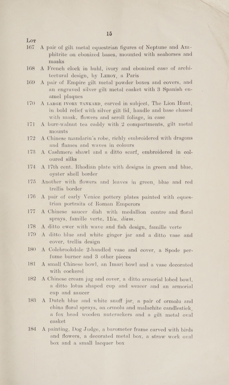 167 184. 15 A pair of gilt metal equestrian figures of Neptune and Am- phitrite on ebonized bases, mounted with seahorses and masks A French clock in buhl, ivory and ebonized case of archi- tectural design, by Leroy, a Paris A pair of Empire gilt metal powder boxes and covers, and an engraved silver gilt metal casket with 8 Spanish en- amel plaques A LARGE IVORY TANKARD, carved in subject, The Lion Hunt, in bold relief with silver gilt lid, handle and base chased with mask, flowers and scroll folage, in case | A burr-walnut tea caddy with 2 compartments, gilt metal mounts A Chinese mandarin’s robe, richly embroidered with dragons and flames and waves in colours A Cashmere shawl and a ditto scarf, embroidered in col- oured silks A 17th cent. Rhodian plate with designs in green and blue, oyster shell border Another with flowers and leaves in green, blue and red trelis border A pair of early Venice pottery plates painted with eques- trian portraits of Roman Emperors A Chinese saucer dish with medallion centre and floral sprays, famille verte, llin. diam. A ditto ewer with wave and fish design, famille verte A ditto blue and white ginger jar and a ditto vase and cover, trellis design A Colebrookdale 2-handled vase and cover, a Spode per- fume burner and 38 other pieces A smal] Chinese bowl, an Imari bow] and a vase decorated with cockerel A Chinese cream jug and cover, a ditto armorial lobed bowl, a ditto lotus shaped cup and saucer and an armorial cup and saucer A Dutch blue and white snuff jar, a pair of ormolu and china floral sprays, an ormolu and malachite candlestick. a fox head wooden nutecrackers and a gilt metal oval casket A painting, Dog Judge, a barometer frame carved with birds and flowers, a decorated metal box, a straw work oval box and a small lacquer box