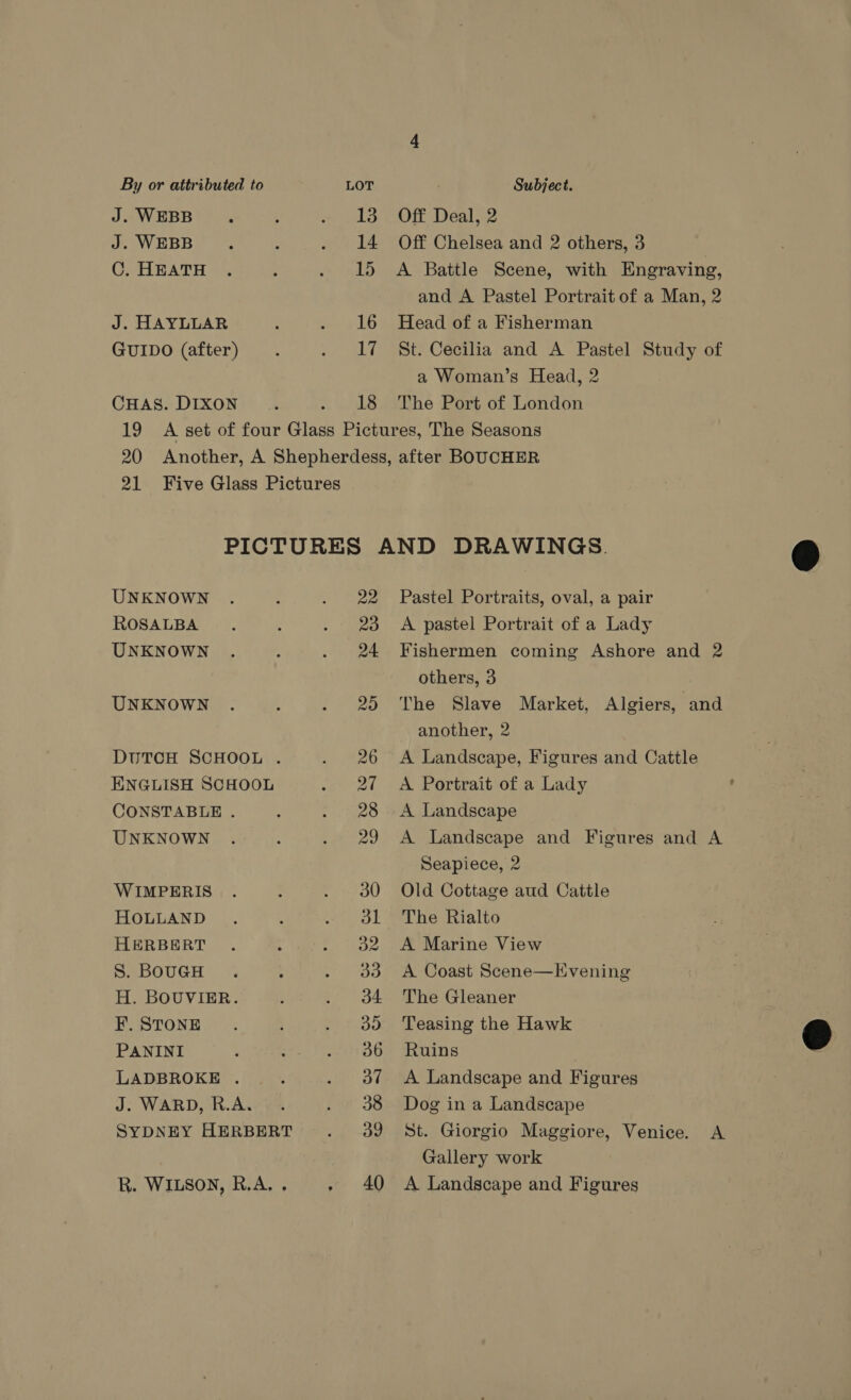 J. WEBB J. WEBB C. HEATH J. HAYLLAR GUIDO (after) CHAS. DIXON 13 14 15 16 hy 18 Off Deal, 2 Off Chelsea and 2 others, 3 A Battle Scene, with Engraving, and A Pastel Portrait of a Man, 2 Head of a Fisherman St. Cecilia and A Pastel Study of a Woman’s Head, 2 The Port of London UNKNOWN ROSALBA UNKNOWN UNKNOWN DUTCH SCHOOL . ENGLISH SCHOOL CONSTABLE . UNKNOWN WIMPERIS HOLLAND HERBERT S. BOUGH H. BOUVIER. F. STONE PANINI J. WARD, R.A. SYDNEY HERBERT 22 23 24 29 Pastel Portraits, oval, a pair A pastel Portrait of a Lady Fishermen coming Ashore and 2 others, 3 The Slave Market, Algiers, and another, 2 A Landscape, Figures and Cattle A Portrait of a Lady A Landscape A Landscape and Figures and A Seapiece, 2 Old Cottage aud Cattle The Rialto A Marine View A Coast Scene—Evening The Gleaner Teasing the Hawk Ruins Dog in a Landscape St. Giorgio Maggiore, Venice. A Gallery work 