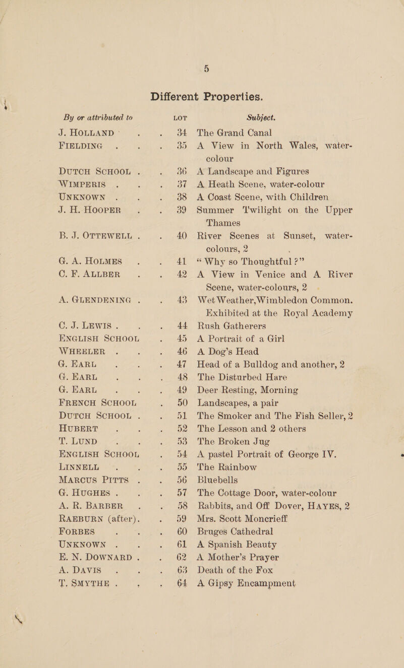 J. HOLLAND - FIELDING WIMPERIS UNKNOWN J. H. HOOPER G. A. HOLMES C. F. ALLBER C. J. LEWIS . WHEELER G. EARL G. EARL G. EARL FRENCH SCHOOL HUBERT T. LUND ENGLISH SCHOOL LINNELL MARCUS PITTS G. HUGHES . A. R. BARBER FORBES UNKNOWN E. N. DOWNARD . A. DAVIS T. SMYTHE . The Grand Canal A View in North Wales, water- colour A Landscape and Figures A Heath Scene, water-colour A Coast Scene, with Children Summer ‘I'wilight on the Upper Thames River Scenes at Sunset, colours, 2 “ Why so Thoughtful ?” A View in Venice and A River Scene, water-colours, 2 Wet Weather,Wimbledon Common. Exhibited at the Royal Academy Rush Gatherers A Dog’s Head Head of a Bulldog and another, 2 The Disturbed Hare Deer Resting, Morning Landscapes, a pair The Smoker and The Fish Seller, 2 The Lesson and 2 others The Broken Jug A pastel Portrait of George IV. The Rainbow Bluebells The Cottage Door, water-colour Rabbits, and Off Dover, HAYES, 2 Mrs. Scott Moncrieff Bruges Cathedral A Spanish Beauty A Mother’s Prayer Death of the Fox A Gipsy Encampment water-