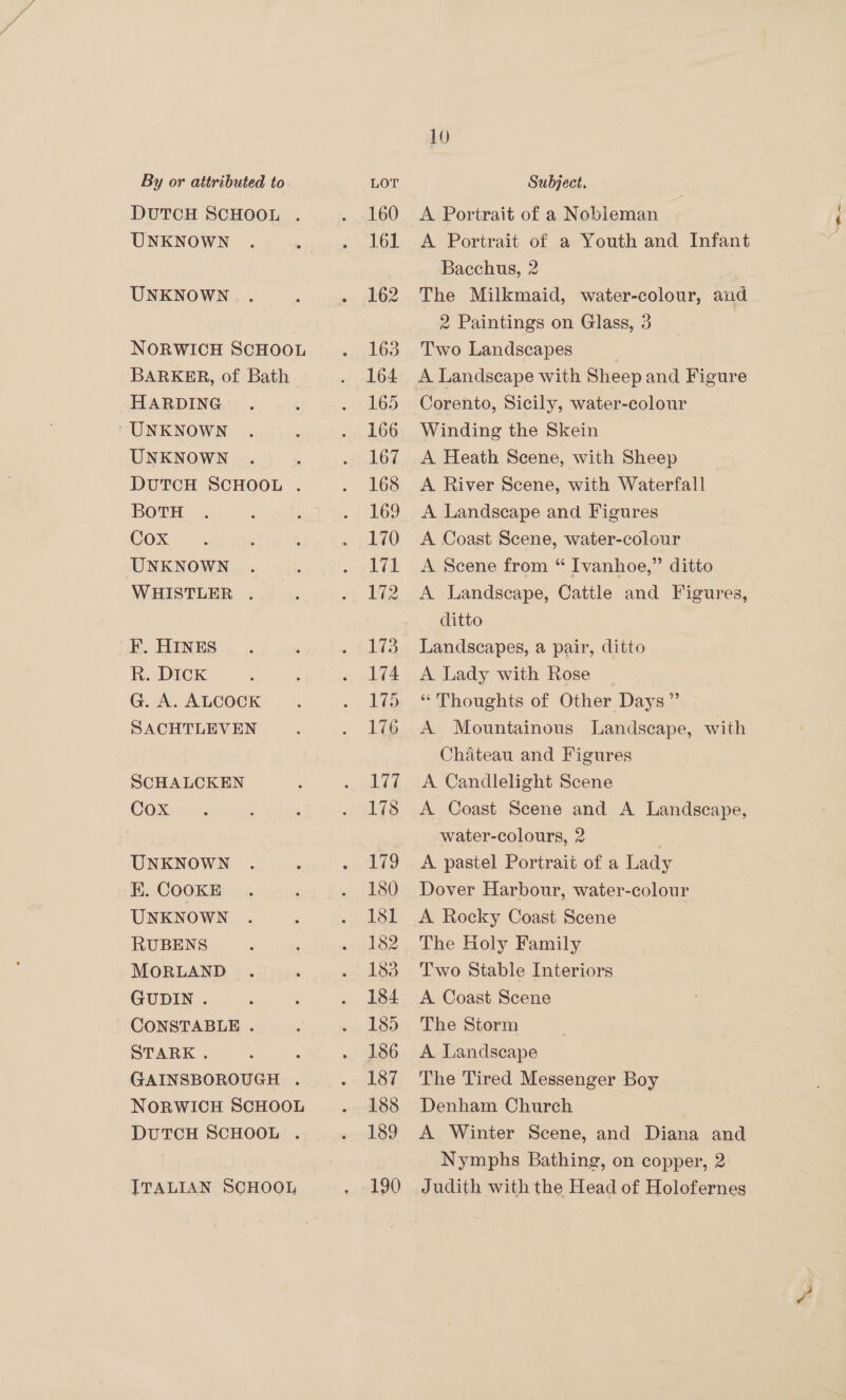 DUTCH SCHOOL . UNKNOWN UNKNOWN NORWICH SCHOOL BARKER, of Bath HARDING UNKNOWN UNKNOWN DUTCH SCHOOL . BoTH COX - ars UNKNOWN WHISTLER . F. HINES R. Dick G. A. ALCOCK SACHTLEVEN SCHALCKEN Cox UNKNOWN EK. COOKE UNKNOWN RUBENS MORLAND GUDIN . CONSTABLE . STARK . GAINSBOROUGH . NORWICH SCHOOL DUTCH SCHOOL . ITALIAN SCHOOL 10 A Portrait of a Nobleman A Portrait of a Youth and Infant Bacchus, 2 The Milkmaid, water-colour, and 2 Paintings on Glass, 3 Two Landscapes | A Landscape with Sheep and Figure Corento, Sicily, water-colour A Heath Scene, with Sheep A River Scene, with Waterfall A Landscape and Figures A Coast Scene, water-colour A Scene from “ Ivanhoe,” ditto A Landscape, Cattle and Figures, ditto Landscapes, a pair, ditto A Lady with Rose * Thoughts of Other Days” A. Mountainous Landscape, with Chateau and Figures A Candlelight Scene A Coast Scene and A Landscape, water-colours, 2 A pastel Portrait of a Lady Dover Harbour, water-colour A Rocky Coast Scene The Holy Family Two Stable Interiors A Coast Scene The Storm A Landscape The Tired Messenger Boy Denham Church A Winter Scene, and Diana and Nymphs Bathing, on copper, 2 Judith with the Head of Holofernes