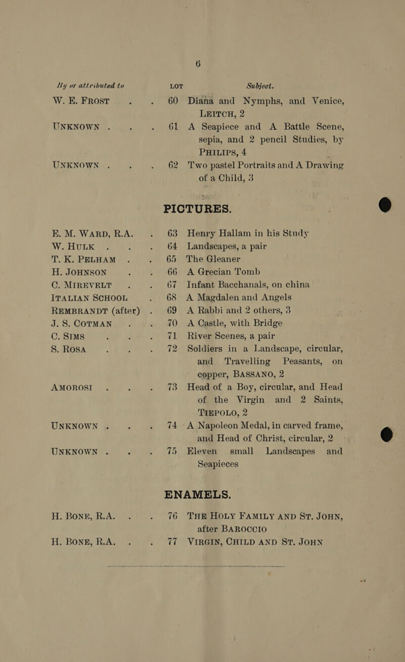 W. E. FROST UNKNOWN UNKNOWN C. MIREVELT ITALIAN SCHOOL REMBRANDT (after) J. 5S. COTMAN C. SIMS S. ROSA AMOROSI UNKNOWN UNKNOWN H. BONE, R.A. H. BONE, R.A. 60 Diana and Nymphs, and Venice, LEITCH, 2 61 A Seapiece and A Battle Scene, sepia, and 2 pencil Studies, by PHILIPS, 4 62 Two pastel Portraits and A Drawing of a Child, 3 63 Henry Hallam in his Study 64 Landscapes, a pair 65 The Gleaner 66 <A Grecian Tomb 67 Infant Bacchanals, on china 68 A Magdalen and Angels 69 <A Rabbi and 2 others, 3 70 ~<A Castle, with Bridge 71 ~River Scenes, a pair 72 Soldiers in a Landscape, circular, and Travelling Peasants, on copper, BASSANO, 2 73 Head of a Boy, circular, and Head of the Virgin and 2 Saints, TIEPOLO, 2 74 A Napoleon Medal, in carved frame, and Head of Christ, circular, 2 75 Kleven small Landscapes and Seapieces ENAMELS. | 76 THE HOLY FAMILY AND ST. JOHN, after BAROCCIO 77 VIRGIN, CHILD AND ST. JOHN 