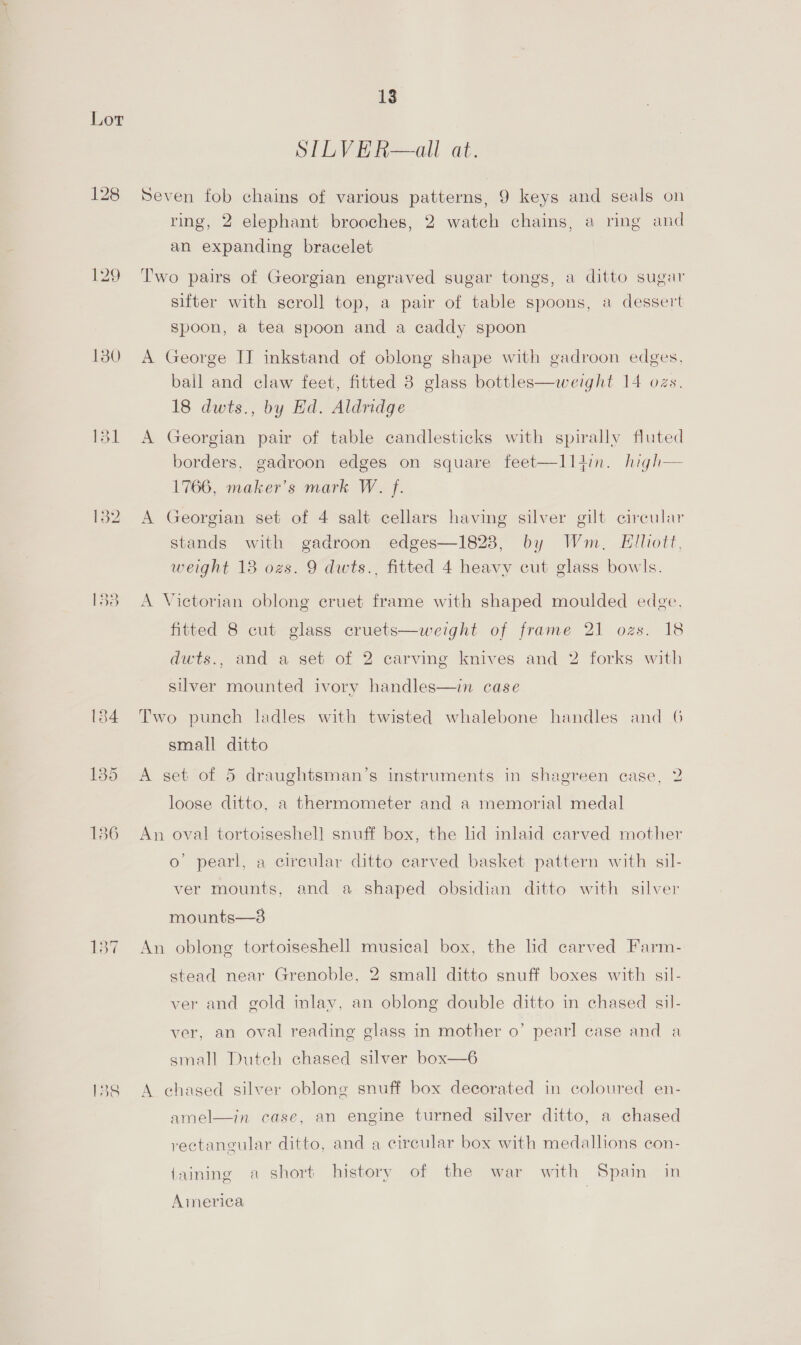 130 — ee “| 13 SILVER—all at. Seven fob chains of various patterns, 9 keys and seals on ring, 2 elephant brooches, 2 watch chains, a ring and an expanding bracelet Two pairs of Georgian engraved sugar tongs, a ditto sugar sitter with scroll top, a pair of table spoons, a dessert spoon, a tea spoon and a caddy spoon A George IT inkstand of oblong shape with gadroon edges, ball and claw feet, fitted 8 glass bottles—weight 14 ozs. 18 dwts., by Ed. Aldridge A Georgian pair of table candlesticks with spirally fluted borders, gadroon edges on square feet—Il4in. high— 1766, maker’s mark W. f. A Georgian set of 4 salt cellars having silver gilt circular stands with gadroon edges—1823, by Wm, Elliott, weight 13 ozs. 9 dwts., fitted 4 heavy cut glass bowls. A Victorian oblong cruet frame with shaped moulded edge. fitted 8 cut glass cruets—weight of frame 21 ozs. 18 dwts., and a set of 2 carving knives and 2 forks with silver mounted ivory handles—in case Two punch ladles with twisted whalebone handles and 6 small ditto A set of 5 draughtsman’s instruments in shagreen case, 2 loose ditto, a thermometer and a memorial medal An oval tortoiseshell snuff box, the lid inlaid carved mother o’ pearl, a circular ditto carved basket pattern with sil- ver mounts, and a shaped obsidian ditto with silver mounts—3 An oblong tortoiseshell musical box, the lid carved Farm- stead near Grenoble, 2 small ditto snuff boxes with sil- ver and gold inlay, an oblong double ditto in chased sil- ver, an oval reading glass in mother 0” pearl case and a small Dutch chased silver box—6 A chased silver oblong snuff box decorated in coloured en- amel—in case, an engine turned silver ditto, a chased vectangular ditto, and a circular box with medallions con- taining a short history of the war with Spain in America