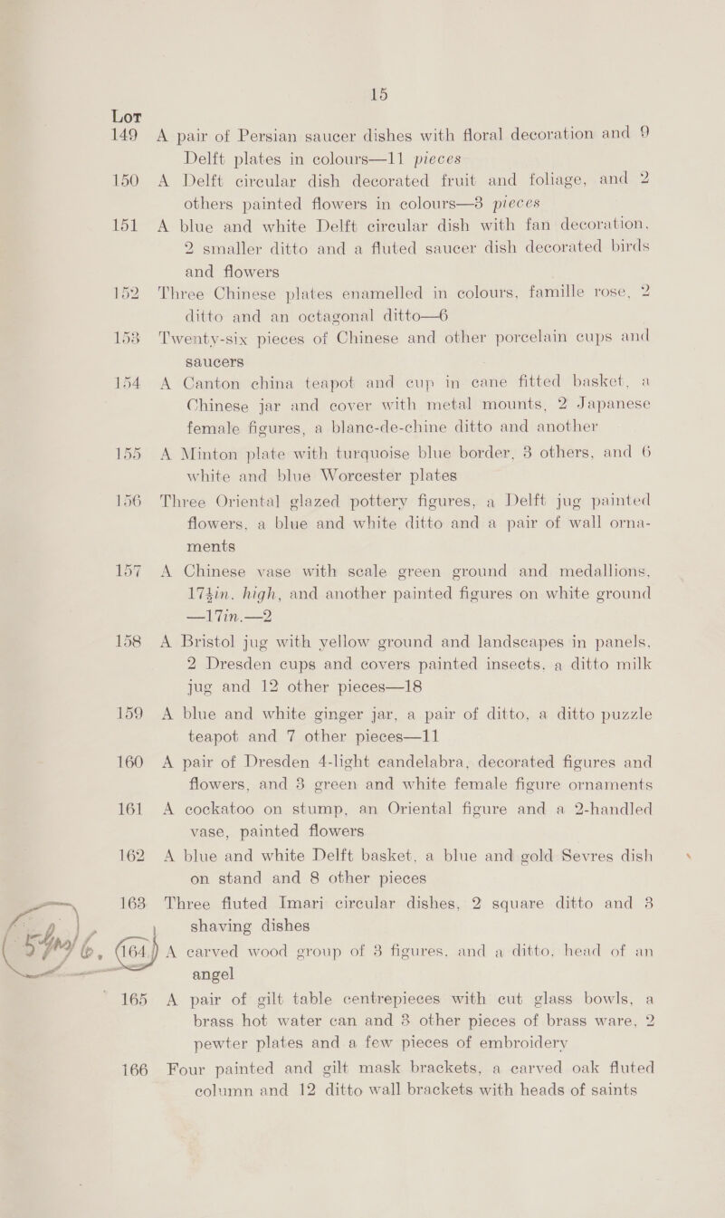 149 A pair of Persian saucer dishes with floral decoration and 9 Delft plates in colours—11 pieces 150 <A Delft circular dish decorated fruit and foliage, and 2 others painted flowers in colours—8 pieces 151 A blue and white Delft circular dish with fan decoration, 2 smaller ditto and a fluted saucer dish decorated birds and flowers ) 152. Three Chinese plates enamelled in colours, famille rose, 2 ditto and an octagonal ditto—6 153 Twenty-six pieces of Chinese and other porcelain cups and saucers 154 A Canton china teapot and cup in. cane fitted basket, a Chinese jar and cover with metal mounts, 2 Japanese female figures, a blanc-de-chine ditto and another 55 A Minton plate with turquoise blue border, 8 others, and 6 white and blue Worcester plates 156 Three Oriental glazed pottery figures, a Delft jug painted flowers, a blue and white ditto and a pair of wall orna- ments 157 A Chinese vase with scale green ground and medallions, 174in. high, and another painted figures on white ground —17in.—2 158 A Bristol jug with yellow ground and landscapes in panels, 2 Dresden cups and covers painted insects, a ditto milk jug and 12 other pieces—18 159 A blue and white ginger jar, a pair of ditto, a ditto puzzle teapot and 7 other pieces—11 160 <A pair of Dresden 4-hght candelabra, decorated figures and flowers, and 3 green and white female figure ornaments 161 <A cockatoo on stump, an Oriental figure and a 2-handled vase, painted flowers 162 A blue and white Delft basket, a blue and gold Sevres dish on stand and 8 other pieces aN 1638 Three fluted Imari circular dishes, 2 square ditto and 8 gs A shaving dishes A carved wood group of 8 figures, and a ditto, head of an angel  165 <A pair of gilt table centrepieces with cut glass bowls, a brass hot water can and 8 other pieces of brass ware, 2 pewter plates and a few pieces of embroidery 166 Four painted and gilt mask brackets, a carved oak fluted eolumn and 12 ditto wall brackets with heads of saints