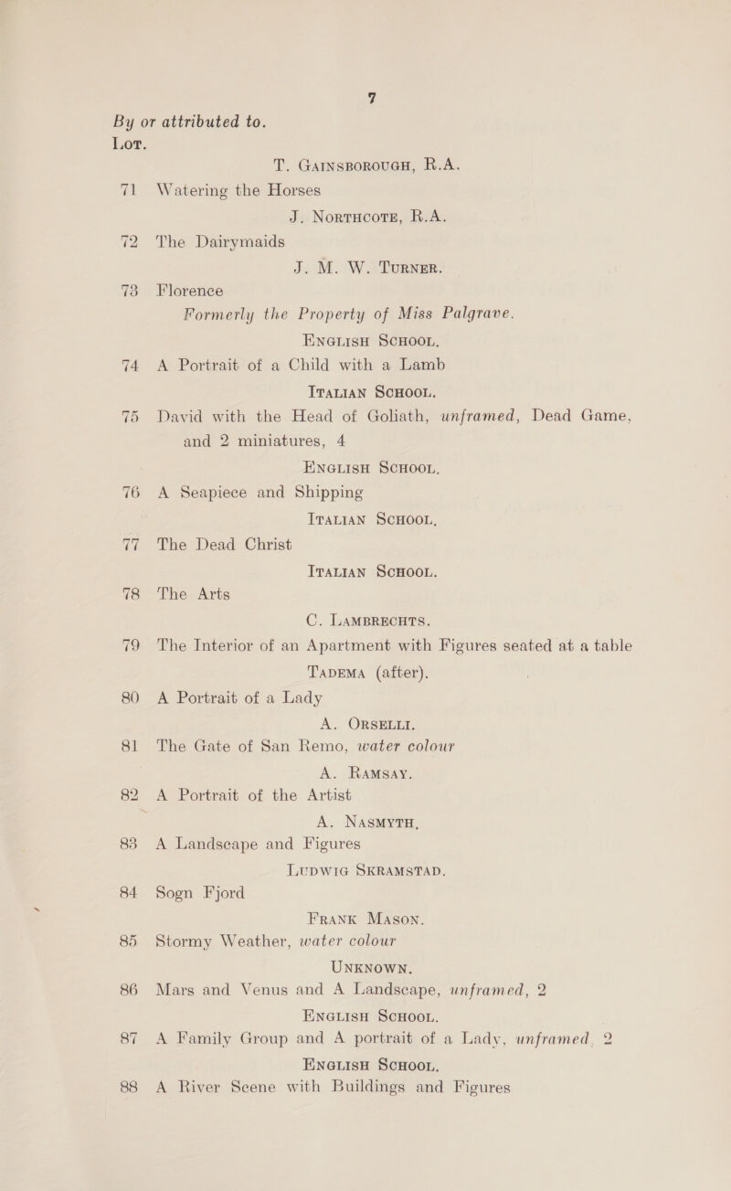 By or attributed to. Lor. T. GarnsporouaH, R.A. 71 Watering the Horses J. Nortucote, R.A. ~I NS) The Dairymaids J. M. W. Turner. 73 Florence Formerly the Property of Miss Palgrave. ENGLISH SCHOOL, 74 A Portrait of a Child with a Lamb TTALIAN SCHOOL. 75 David with the Head of Goliath, unframed, Dead Game, and 2 miniatures, 4 ENGLISH SCHOOL, 76 A Seapiece and Shipping TTaLiaN SCHOOL, 77 The Dead Christ ITALIAN SCHOOL. 78 The Arts C. LAMBRECHTS. 79 The Interior of an Apartment with Figures seated at a table TaDEMA (after). 80 A Portrait of a Lady A. ORSELLI. 81 The Gate of San Remo, water colour A. RAmsay. 82 <A Portrait of the Artist A. NASMYTH, 83 A Landscape and Figures LupWwiG SKRAMSTAD. 84 Sogn Fjord FRANK Mason. 85 Stormy Weather, water colour UNKNOWN. 86 Mars and Venus and A Landscape, unframed, 2 ENGLISH SCHOOL. : 87 A Family Group and A portrait of a Lady, unframed, 2 ENGLISH SCHOOL. 88 <A River Scene with Buildings and Figures
