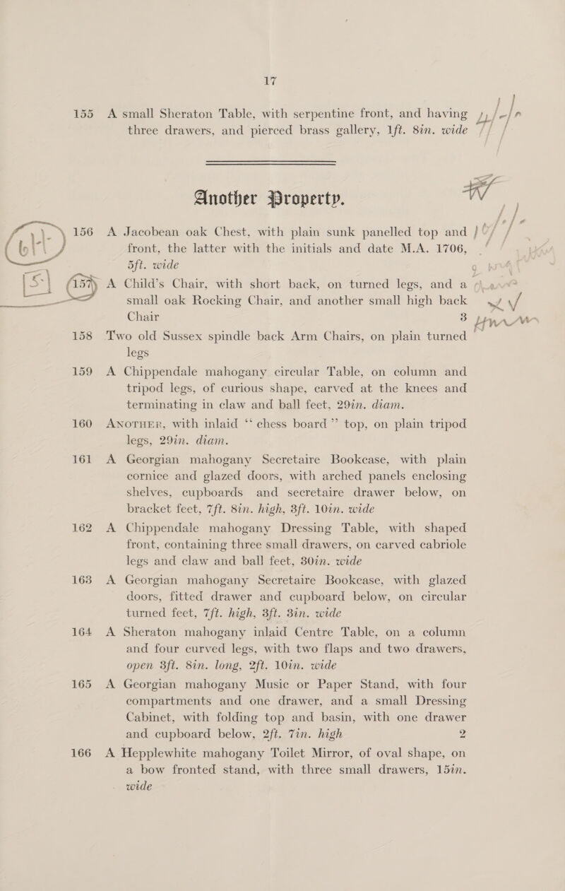  161 1638 164 165 166 17 A small Sheraton Table, with serpentine front, and having three drawers, and pierced brass gallery, Lft. 8in. wide Another Mroperty. A Jacobean oak Chest, with plain sunk panelled top and front, the latter with the initials and date M.A. 1706, 5ft. wide small oak Rocking Chair, and another small high back Chair 3 legs A Chippendale mahogany circular Table, on column and tripod legs, of curious shape, carved at the knees and terminating in claw and ball feet, 29%. diam. ANOTHER, with inlaid *‘ chess board’ top, on plain tripod legs, 291n. diam. A Georgian mahogany Secretaire Bookcase, with plain cornice and glazed doors, with arched panels enclosing shelves, cupboards and secretaire drawer below, on bracket feet, 7ft. 8in. high, 3ft. 10un. wide A Chippendale mahogany Dressing Table, with shaped front, containing three small drawers, on carved cabriole legs and claw and ball feet, 307n. wide A Georgian mahogany Secretaire Bookcase, with glazed doors, fitted drawer and cupboard below, on circular turned feet, 7ft. high, 3ft. 8in. wide A Sheraton mahogany inlaid Centre Table, on a column and four curved legs, with two flaps and two drawers, open 3ft. 8n. long, 2ft. 10in. wide A Georgian mahogany Music or Paper Stand, with four compartments and one drawer, and a small Dressing Cabinet, with folding top and basin, with one drawer and cupboard below, 2ft. Tin. high 2 A Hepplewhite mahogany Toilet Mirror, of oval shape, on a bow fronted stand, with three small drawers, 157i. wide oy f ; } J } &gt; | oi f af f  Vv Hew