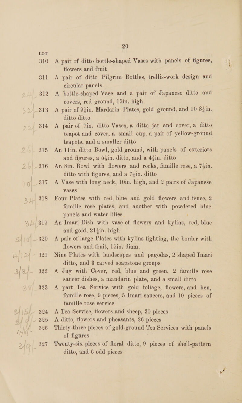 (&gt; A pair of ditto bottle-shaped Vases with panels of figures, flowers and fruit A pair of ditto Pilgrim Bottles, trellis-work design and circular panels A bottle-shaped Vase and a pair of Japanese ditto and covers, red ground, 15in. high A pair of 9Lin. Mardarin Plates, gold ground, and 10 8in. ditto ditto A pair of 7in. ditto Vases, a ditto jar and cover, a ditto teapot and cover, a small cup, a pair of yellow-ground teapots, and a smaller ditto An 1lin. ditto Bowl, gold ground, with panels of exteriors and figures, a 54in. ditto, and a 43in. ditto An 8in. Bowl with flowers and rocks, famille rose, a 74in. ditto with figures, and a 7iin. ditto A Vase with long ueck, 10in. high, and 2 pairs of Japanese vases Four Plates with red, blue and gold flowers and fence, 2 famille rose plates, and another with powdered blue panels and water lilies An Imari Dish with vase of flowers and kylins, red, blue and gold, 214in. high A pair of large Plates with kylins fighting, the border with flowers and. fruit, 15in. diam. Nine Plates with landscapes and pagodas, 2 shaped Imari ditto, and 3 carved soapstone groups A Jug with Cover, red, blue and green, 2 famille rose saucer dishes, a mandarin plate, and a small ditto A part Tea Service with gold foliage, flowers, and hen, famille rose, 9 pieces, 5 Imari saucers, and 10 pieces of famille rose service A Tea Service, flowers and sheep, 30 pieces A ditto, flowers and pheasants, 26 pieces Thirty-three pieces of gold-ground 12 Services with panels of figures Twenty-six pieces of floral ditto, 9 pieces of shell-pattern ditto, and 6 odd pieces
