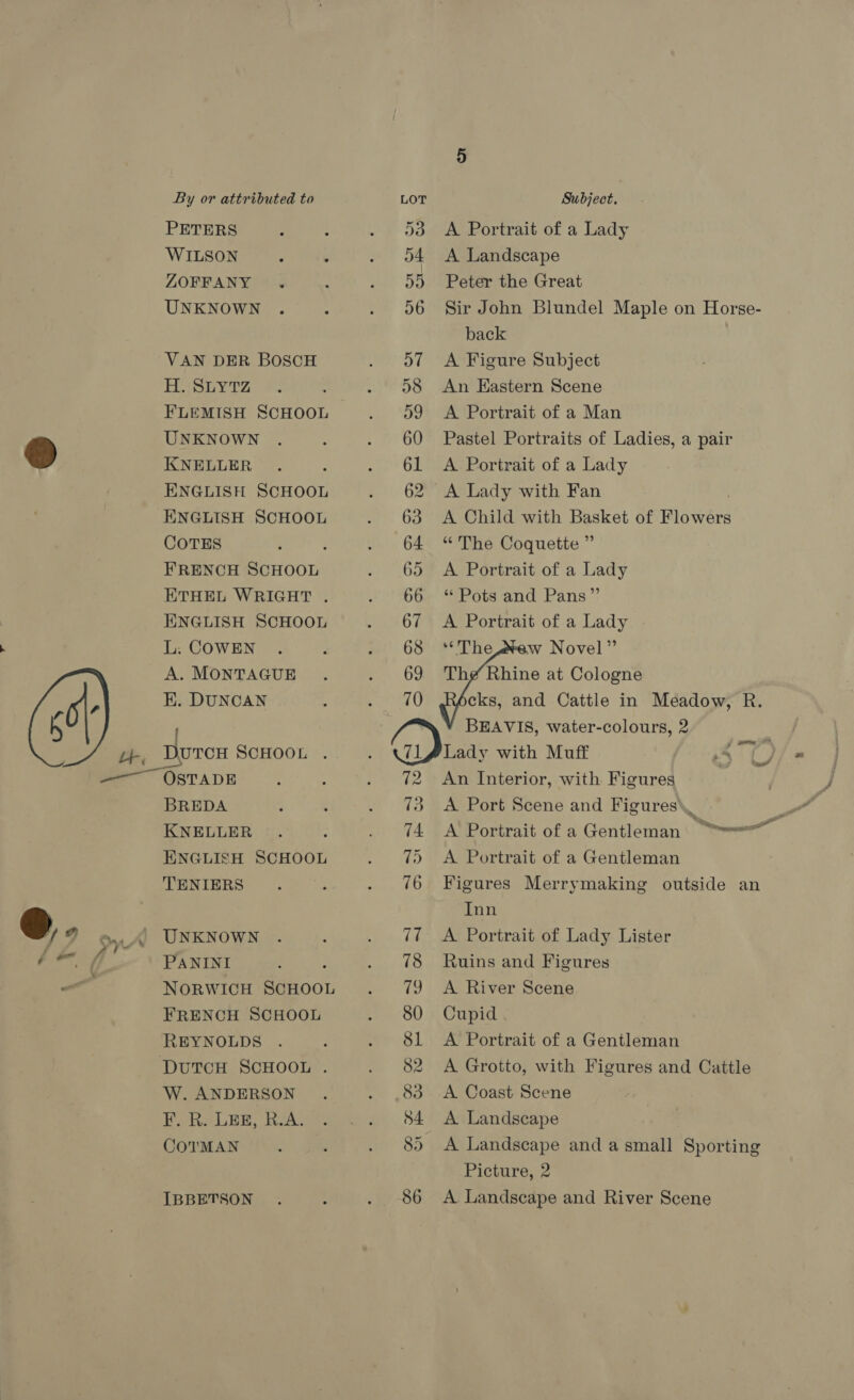  PETERS WILSON ZOFFANY VAN DER BOSCH HesoyrTz FLEMISH SCHOOL UNKNOWN KNELLER ENGLISH SCHOOL ENGLISH SCHOOL COTES ; FRENCH SCHOOL ETHEL WRIGHT . ENGLISH SCHOOL L; COWEN A. MONTAGUE EK. DUNCAN Durex SCHOOL . — - rs BREDA KNELLER ENGLISH SCHOOL TENIERS UNKNOWN PANINI p NorwIcH SCHOOL FRENCH SCHOOL REYNOLDS W. ANDERSON F. R. LEE, R.A. COTMAN IBBETSON 53 A Portrait of a Lady 04 A Landscape 55 Peter the Great back 57 A Figure Subject 58 An Eastern Scene 59 &lt;A Portrait of a Man 60 Pastel Portraits of Ladies, a pair 61 A Portrait of a Lady 62 A Lady with Fan 63 A Child with Basket of Blowers 64 “The Coquette ” 65 &lt;A Portrait of a Lady 66 “ Pots and Pans” 67 &lt;A Portrait of a Lady 68    70 cks, and Cattle in Meadow, R. BEAVIS, water-colours, 2 iLa@Lady with Muff re 7 72. An Interior, with Figures 73 A Port Scene and Figures\, 74. A Portrait of a Gentleman “= 7) &lt;A Portrait of a Gentleman 76 Figures Merrymaking outside an Inn 77 =A Portrait of Lady Lister 78 Ruins and Figures 79 =A River Scene 80 Cupid 81 &lt;A Portrait of a Gentleman 82. A Grotto, with Figures and Cattle 83. A Coast Scene 84 A Landscape 85 A Landscape and a small Sporting Picture, 2 86 A Landscape and River Scene