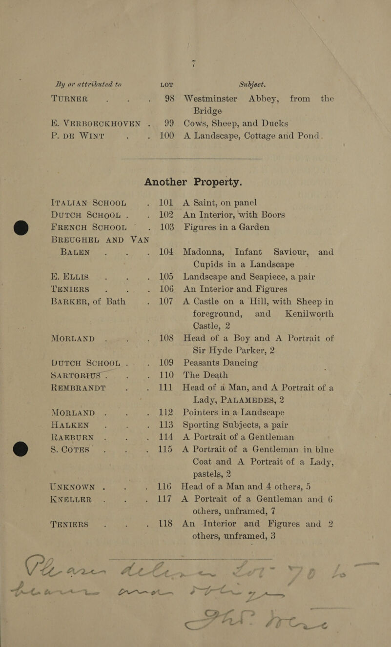 TURNER K. VERBOECKHOVEN P. DE WINT 98 og 100 ~2? Westminster Abbey, from the Bridge Cows, Sheep, and Ducks A Landscape, Cottage and Pond  A Saint, on panel An Interior, with Boors Figures in a Garden Madonna, Infant Saviour, and Cupids in a Landscape Landscape and Seapiece, a pair An Interior and Figures A Castle on a Hill, with Sheep in foreground, and Kenilworth Castle, 2 Head of a Boy and A Portrait of Sir Hyde Parker, 2 Peasants Dancing The Death Head of a Man, and A Portrait of a Lady, PALAMEDES, 2 Pointers in a Landscape Sporting Subjects, a pair A Portrait of a Gentleman A Portrait of a Gentleman in blue Coat and A Portrait of a Lady, pastels, 2 Head of a Man and 4 others, 5 A Portrait of a Gentleman and 6 others, unframed, 7 An Interior and Figures and 2 others, unframed, 3  ITALIAN SCHOOL 101 DUTCH SCHOOL . 102 FRENCH SCHOOL 103 BREUGHEL AND VAN BALEN 104 KE. ELIS 105 ‘TENIERS 106 BARKER, of Bath 107 MORLAND 108 DUTCH SCHOOL . 109 SARTORIUS . 110 REMBRANDT 111 MORLAND 112 HALKEN 113 RAEBURN 114 S. COTES | 15 UNKNOWN 116 KNELLER Voy TENIERS 118 ( ,7/7 S Gaerag te uA Wien Att ig - Cn rat 4. i = Wr CL