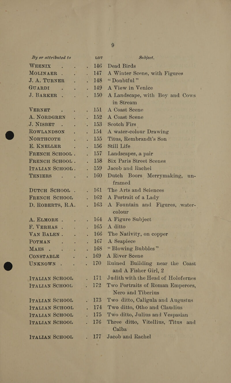 WEENIX MOLINAER . J. A. TURNER GUARDI J. BARKER VERNET A. NORDGREN J. NISBET ROWLANDSON NORTHCOTE E. KNELLER TENIERS FRENCH SCHOOL A. ELMORE . F. VERHAS . VAN BALEN . POTMAN MAES CONSTABLE UNKNOWN ITALIAN SCHOOL ITALIAN SCHOOL ITALIAN SCHOOL ITALIAN SCHOOL ITALIAN SCHOOL ITALIAN SCHOOL ITALIAN SCHOOL Dead Birds A Winter Scene, with Figures * Donbtful ” A View in Venice A Landscape, with Boy and Cows in Stream A Coast Scene A Coast Scene Scotch Firs A water-colour Drawing Titus, Rembrandt’s Son Still Life Landscapes, -a pair Six Paris Street Scenes Jacob and Rachel Dutch Boors Merrymaking, un- framed The Arts and Sciences A Portrait of a Lady A Fountain and Figures, water-. colour A Figure Subject A ditto The Nativity, on copper A Seapiece ‘“* Blowing Bubbles” A River Scene Ruined Building near the Coast and A Fisher Girl, 2 Judith with the Head of Holofernes Two Portraits of Roman Emperors, Nero and Tiberius Two ditto, Caligula and Augustus Two ditto, Otho and Claudius Two ditto, Julius and Vespasian Three ditto, Vitellius, Titus and Calba Jacob and Rachel