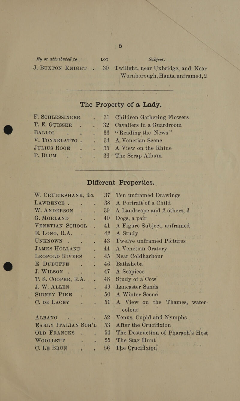 J. BUXTON KNIGHT . 30 Twilight, near Uxbridge, and Near Wornborough, Hants, unframed, 2 F’. SCHLESSINGER 31 Children Gathering Flowers T. E. GUISSER 32 Cavaliers in a Guardroom BALLOI : 33 “Reading the News” V. TONNELATTO . 34 &lt;A Venetian Scene JULIUS ROOE 35 &lt;A View on the Rhine P. BLUM 36 The Scrap Album W. CRUICKSHANK, &amp;e. LAWRENCE . W. ANDERSON 39 A Landscape and 2 others, 3 G. MORLAND 40 Dogs, a pair ; VENETIAN SCHOOL 41 A Figure Subject, unframed K. Lone, R.A. 42 A Study UNKNOWN 43 Twelve unframed Pictures JAMES HOLLAND 44 A Venetian Oratory LEOPOLD RIVERS 45 Near Coldharbour EK DUBUFFE 46 Bathsheba J. WILSON 47 &lt;A Seapiece T. S. COOPER, R.A. 48 Study of a Cow J. W. ALLEN 49 Lancaster Sands SIDNEY PIKE 50 &lt;A Winter Scene C. DE LACEY 51 A View on the Thames, water- colour — 7 ALBANO . . 52 Venus, Cupid and Nymphs WARLY ITALIAN ScH’L 53 After the Crucifixion | OLD FRANCKS 54 The Destruction of Pharaoh’s Host WOoOOLLETT 55 The Stag Hunt CG. LE BRUN 56 The Crucifixion Ten unframed Drawings A Portrait of a Child