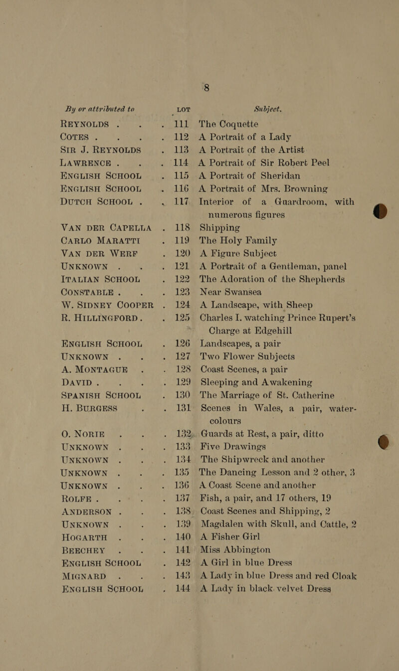 REYNOLDS COTES . i SIR J. REYNOLDS LAWRENCE . ENGLISH SCHOOL ENGLISH SCHOOL DUTCH SCHOOL . VAN DER CAPELLA CARLO MARATTI VAN DER WERF UNKNOWN ITALIAN SCHOOL CONSTABLE . W. SIDNEY COOPER R. HILLINGFORD. ENGLISH SCHOOL UNKNOWN A. MONTAGUE DAVID . : SPANISH SCHOOL H. BURGESS O. NORIE UNKNOWN UNKNOWN UNKNOWN UNKNOWN ROLFE . ANDERSON . UNKNOWN HOGARTH BEECHEY ENGLISH SCHOOL MIGNARD ENGLISH SCHOOL 111 112 113 114 115 116 117 118 119 120 121 122 123 124 125 126 127 128 129 130 131 134 134 135 136 137 138 139 140 141 142 143 144 The Coquette A Portrait of a Lady A Portrait of the Artist A Portrait of Sir Robert Peel A Portrait of Sheridan A Portrait of Mrs. Browning Interior of a Guardroom, with numerous figures Shipping The Holy Family A Figure Subject A Portrait of a Gentleman, panel The Adoration of the Shepherds Near Swansea A Landscape, with Sheep Charles I. watching Prince Rupert’s Charge at Edgehill Landscapes, a pair Two Flower Subjects Coast Scenes, a pair Sleeping and Awakening The Marriage of St. Catherine Scenes in Wales, a pair, water- colours Guards at Rest, a pair, ditto Five Drawings The Shipwreck and another The Dancing Lesson and 2 other, 3 A Coast Scene and another Fish, a pair, and 17 others, 19 Coast Scenes and Shipping, 2 Magdalen with Skull, and Cattle, 2 A Fisher Girl Miss Abbington A Girl in blue Dress A Lady in blue Dress and red Cloak A Lady in black. velvet Dress