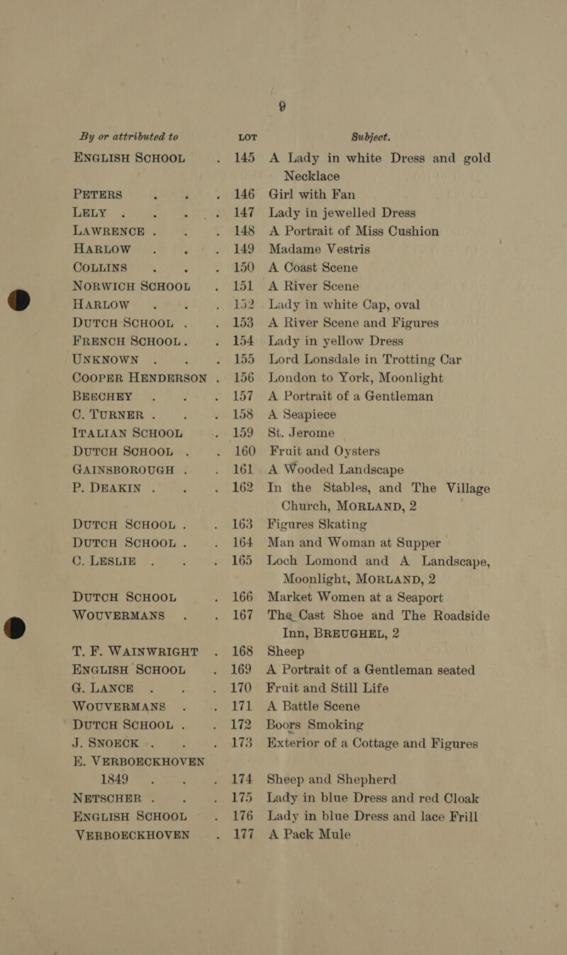 ENGLISH SCHOOL PETERS LELY LAWRENCE . HARLOW COLLINS NORWICH SCHOOL HARLOW DUTCH SCHOOL . FRENCH SCHOOL. UNKNOWN BEECHEY C. TURNER . ITALIAN SCHOOL DUTCH SCHOOL GAINSBOROUGH . P. DEAKIN . DUTCH SCHOOL . DUTCH SCHOOL . C. LESLIE DUTCH SCHOOL WOUVERMANS T. F. WAINWRIGHT ENGLISH SCHOOL G. LANCE WOUVERMANS DUTCH SCHOOL . J. SNOECK .. EK. VERBOECKHOVEN 1849 NETSCHER . ENGLISH SCHOOL VERBOECKHOVEN A Lady in white Dress and gold Necklace Girl with Fan Lady in jewelled Dress A Portrait of Miss Cushion Madame Vestris A Coast Scene A River Scene Lady in white Cap, oval A River Scene and Figures Lady in yellow Dress Lord Lonsdale in Trotting Car London to York, Moonlight A Portrait of a Gentleman A Seapiece St. Jerome Fruit and Oysters A Wooded Landscape In the Stables, and The Village Church, MORLAND, 2 Figures Skating Man and Woman at Supper Loch Lomond and A Landscape, Moonlight, MORLAND, 2 Market Women at a Seaport The Cast Shoe and The Roadside Inn, BREUGHEL, 2 Sheep A Portrait of a Gentleman seated Fruit and Still Life A Battle Scene Boors Smoking Exterior of a Cottage and Figures Sheep and Shepherd Lady in blue Dress and red Cloak Lady in blue Dress and lace Frill A Pack Mule