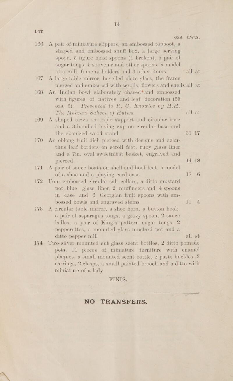 166 167 168 169 172 i73 174 14 ozs. dwis. A pair of miniature slippers, an embossed topboot, a shaped and embossed snuff box, a large serving spoon, 5 figure head spoons (1 broken), a pair of sugar tongs, 9 souvenir and other spoons, a model of a mill, 6 menu holders and 8 other items all at A large table mirror, bevelled plate glass, the frame pierced and embossed with scrolls, flowers and shells all at An Indian bowl elaborately chased*and embossed with figures of natives and leaf decoration (65 ozs. 6). Presented to hy G. Knowles by H.H. The Mahrant Saheba of Hutwa all at A shaped tazza on triple support and cireular base and a 8-handled loving cup on circular base and the ebonized wood stand ot Ay An oblong fruit dish pierced with designs and acan- thus leaf borders on seroll feet, ruby glass liner and a Tin. oval sweetmetat basket, engraved and pierced 14 18 A pair of sauce boats on shell and hoof feet, a model of a shoe and a playing card case 18 6 Four embossed circular salt cellars, a ditto mustard pot, blue glass liner, 2 muffineers and 4 spoons in case and 6 Georgian fruit spoons with em- bossed bowls and engraved stems ll 4 A eirecular table mirror, a shoe horn, a button hook, a pair of asparagus tongs, a gravy spoon, 2 sauce ladles, a pair of King’s~pattern sugar tongs, 2 pepperettes, a mounted glass mustard pot and a ditto pepper mill all at Two silver mounted cut glass scent bottles, 2 ditto pomade pots, 11 pieces of miniature furniture with enamel plaques, a small mounted scent bottle, 2 paste buckles, 2 earrings, 2 clasps, a small painted brooch and a ditto with miniature of a lady FINIS.  NO TRANSFERS.