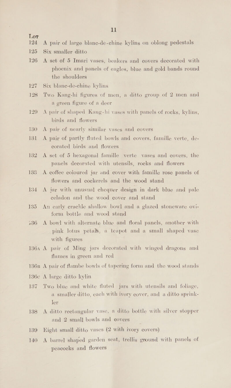 Lor 124 125 126 1364 136B 136c lag 138 139 140 11 A pair of large blanc-de-chine kyling on oblong pedestals Six smaller ditto A set of 5 Imari vases, beakers and covers decorated with phoenix and panels of eagles, blue and gold bands round the shoulders Six blane-de-chine kylins Two Kang-hi figures of men, a ditto group of 2 men and a ereen figure of a deer A pair of shaped Kang-hi vases with panels of rocks, kylins, birds and flowers A pair of nearly similar vaseg and covers A pair of partly fluted bowls and covers, famille verte, de- corated birds and flowers A set of 5 hexagonal famille verte vaseg and covers, the panels decorated with utensils, rocks and flowers A coffee coloured jar und cover with famille rose panels of flowers and cockerels and the wood stand A jar with unusual chequer design in dark blue and pale celadon and the wood cover and stand An early crackle shallow bowl and a glazed stoneware ovi- form bottle and wood stand A bowl with alternate blue and floral panels, another with pink lotus petals, a teapot and a small shaped vase with figures A pair of Ming jars decorated with winged dragons and flames in green and red A pair of flambe bowls of tapering form and the wood stands A large ditto kylin Two blue and white fluted jars with utensils and foliage, a smaller ditto, each with ivory cover, and a ditto sprink- ler A ditto rectangular vase, a ditto bottle with silver stopper and 2 small bowls and covers Hight small ditto vases (2 with ivory covers) A barrel shaped garden seat, trellis ground with panels of peacocks and flowers