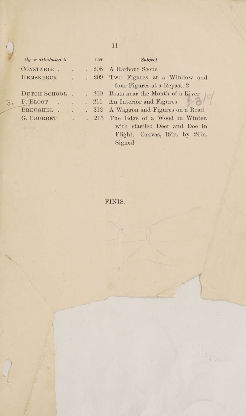 ( 11 f ¥ By or attributed to LOT Subject. CONSTABLE . , . 208 <A Harbour Scene HEMSKERCK : . 209 Two Figures at a Window and four Figures at a Repast, 2 DUTCH SCHOOL . . 210 Boats near the Mouth of a River m P.\BuooT -. : . 211 An Interior and Figures 4 > | _— BREUGHEL . 212 A Waggon and Figures on a Road G. COURBET ‘ . 2138 The Edge of a Wood in Winter, with startled Deer and Doe in Flight. Canvas, 18in. by 24in. Signed FINIS.