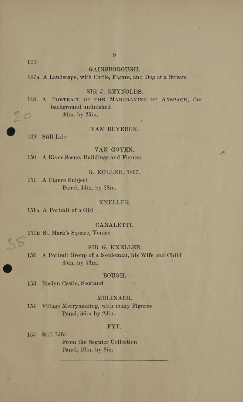St GAINSBOROUGH. 147A A Landscape, with Cattle, Figure, and Dog at a Stream SIR J. REYNOLDS. background unfinished 30in. by 25in. VAN BEYEREN. 149 Still Life VAN GOYEN. 150 <A River Scene, Buildings and Figures G. KOLLER, 1867. 151 A Figure Subject KNELLER. 1514 A Portrait of a Girl CANALETTI. 151B St. Mark’s Square, Venice SIR G. KNELLER. 152 A Portrait Group of a Nobleman, his Wife and Child 65in. by 53in. BOUGH. 153 Roslyn Castle, Scotland MOLINAER. 154 Village Merrymaking, with many Figures Panel, 36in by 23in. RYT. 155 Still Life | From the Seguier Collection Panel, 10in. by 8in.