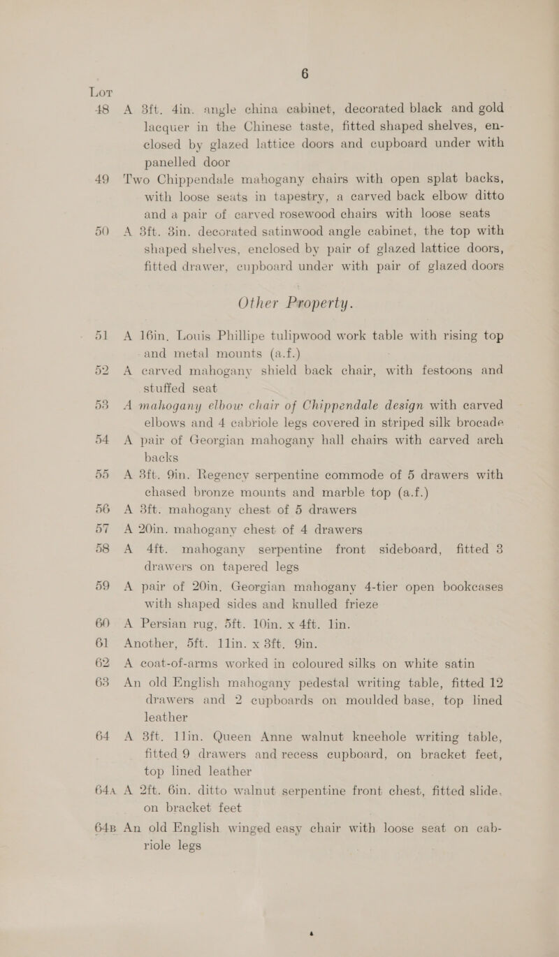 48 49 64 6 A 8ft. 4in. angle china cabinet, decorated black and gold lacquer in the Chinese taste, fitted shaped shelves, en- closed by glazed lattice doors and cupboard under with panelled door Two Chippendale mahogany chairs with open splat backs, with loose seats in tapestry, a carved back elbow ditto and a pair of carved rosewood chairs with loose seats A 8ft. 8in. decorated satinwood angle cabinet, the top with shaped shelves, enclosed by pair of glazed lattice doors, fitted drawer, cupboard under with pair of glazed doors Other Property. A 16in, Louis Phillipe tulhpwood work table with rising top and metal mounts (a.f.) A carved mahogany shield back chair, with festoons and stuffed seat A mahogany elbow chair of Chippendale design with carved elbows and 4 ecabriole legs covered in striped silk brocade A pair of Georgian mahogany hall chairs with carved arch backs A 3ft. 9in. Regency serpentine commode of 5 drawers with chased bronze mounts and marble top (a.f.) A 3ft. mahogany chest of 5 drawers A 20in. mahogany chest of 4 drawers A 4ft. mahogany serpentine front sideboard, fitted 3 drawers on tapered legs A pair of 20in, Georgian mahogany 4-tier open bookcases with shaped sides and knulled frieze A Persian rug, 5ft. 10in. x 4ft. lin. Another, 5ft. llin. x 8ft. Qin. A coat-of-arms worked in coloured silks on white satin An old English mahogany pedestal writing table, fitted 12 drawers and 2 cupboards on moulded base, top lined leather A 3ft. Ilin. Queen Anne walnut kneehole writing table, fitted 9 drawers and recess cupboard, on bracket feet, top lined leather on bracket feet riole legs