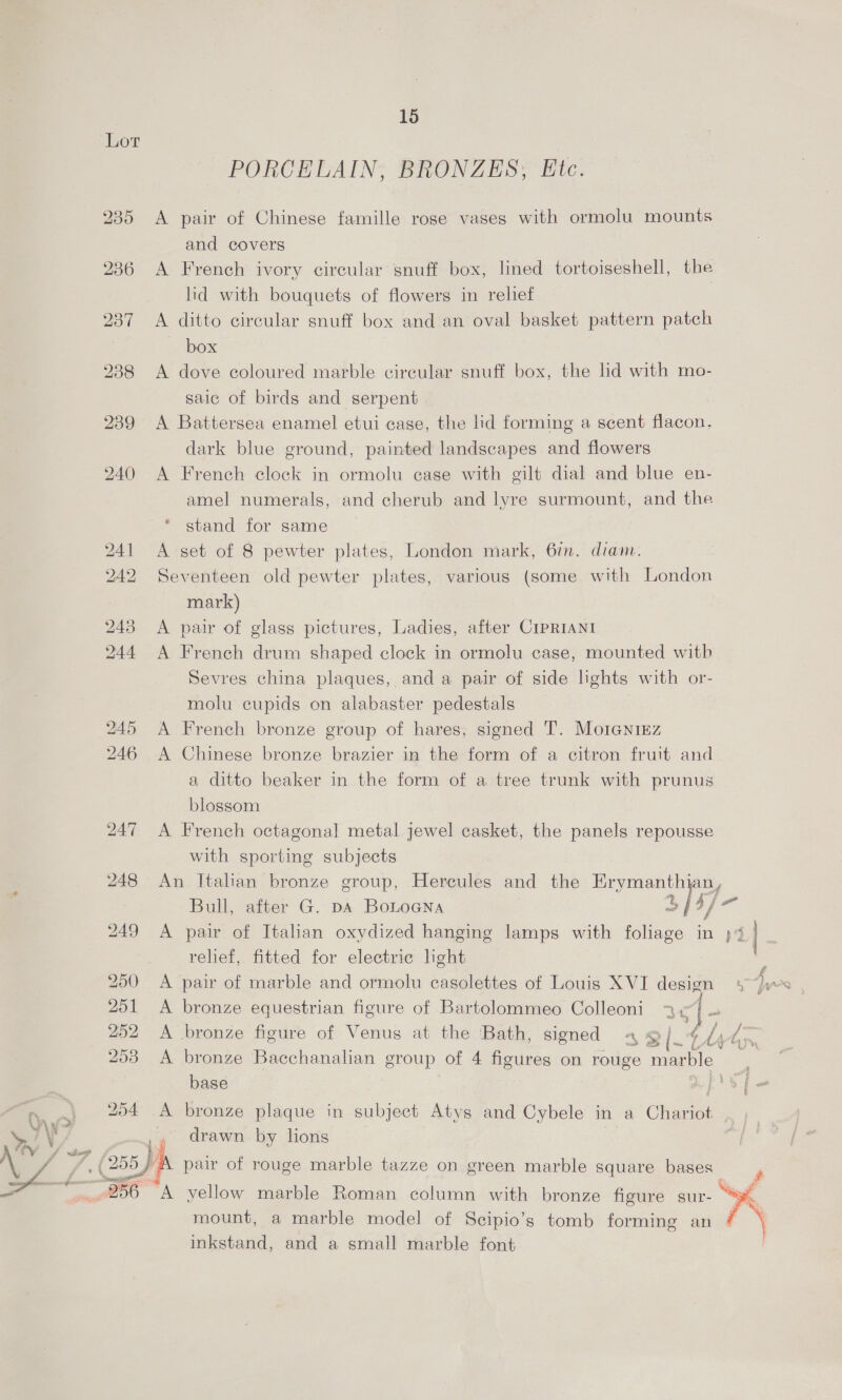 Lot PORCELAIN, BRONZES, Etc. 235 <A pair of Chinese famille rose vases with ormolu mounts and covers 236 A French ivory circular snuff box, lined tortoiseshell, the lid with bouquets of flowers in relief 237 A ditto circular snuff box and an oval basket pattern patch | box 238 <A dove coloured marble circular snuff box, the lid with mo- saic of birds and serpent 239 A Battersea enamel etui case, the lid forming a scent flacon. dark blue ground, painted landscapes and flowers 240 A French clock in ormolu case with gilt dial and blue en- amel numerals, and cherub and lyre surmount, and the stand for same 241 A set of 8 pewter plates, London mark, 6in. diam. 242 Seventeen old pewter plates, various (some with London mark) 243 <A pair of glass pictures, Ladies, after CIPRIANI 244 A French drum shaped clock in ormolu case, mounted with Sevres china plaques, and a pair of side lights with or- molu cupids on alabaster pedestals 245 A French bronze group of hares, signed T. Morenrz 246 A Chinese bronze brazier in the form of a citron fruit and a ditto beaker in the form of a tree trunk with prunus blossom 247 A French octagonal metal jewel casket, the panels repousse with sporting subjects 248 An Italian bronze group, Hercules and the Erymanthian, Bull, after G. pA BoLtoana 3fsf- 249 A pair of Italian oxydized hanging lamps with foliage in )¢ rehef, fitted for electric light | ° 250 A pair of marble and ormolu casolettes of Louis XVI design 251 A bronze equestrian figure of Bartolommeo Colleoni 3 ¢ | ves 252 A bronze figure of Venus at the Bath, signed « Si Li bn. 253 A bronze Bacchanalian group of 4 figures on rouge marble base | pt is es 254 A bronze plaque in subject Atys and Cybele in a Chariot _,, drawn by lions “A pair of rouge marble tazze on green marble square bases 256 A yellow marble Roman column with bronze figure sur- ~™ mount, a marble model of Seipio’s tomb forming an inkstand, and a small marble font 