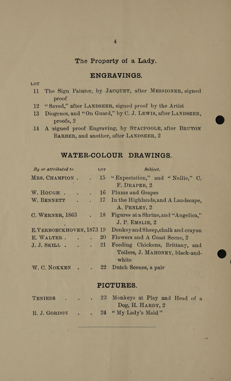 LOT proof proofs, 2 By or attributed to LOT MRS. CHAMPION . Le, ALS W. HOUGH . ‘ Le ee W. BENNETT ; vat AEA C. WERNER, 1863 Bae Le E.VERBOECKHOVEN, 1873 19 Subject, “Expectation,” and “ Nellie,” C. F. DRAPER, 2 Plums and Grapes In the Highlands,and A Landscape, A. PENLEY, 2 Figures at a Shrine, and “Angelica,” J. P. EMSLIE, 2 Donkey and Sheep,chalk and crayon - K. WALTER . . 20 Flowers and A Coast Scene, 2 J.J. SKILL . : . 21 Feeding Chickens, Brittany, and Toilers, J. MAHONEY, black-and- white W.C. NOKKEN . . 22 Dutch Scenes, a pair PICTURES. TENIERS . p . 23 Monkeys at Play and Head of a R. J. GORDON : ay Vie Dog, H. HARDY, 2