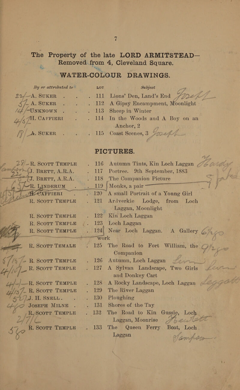 ee By or attrobuted to~ | 2A. SUKER S/ /. A. SUKER lif UNKNOWN A JH. CAPFIERI tose rs, ly - _&amp;. SUKER S ay 4 &gt; f= ia a ”R. Scott TEMPLE ~ R. ScoTrtT TEMPLE R. Scort TEMPLE R : See TEMPLE  R. Scott TEMALE 67/4 /» R. Scorr TEMPLE Lf Jie] _. B. SCOTT TEMPLE ip/-/—R. Scovr TEMPLE Uf! 7_R. Scort TEMPLE Se Lad H. SNELL. if&lt;2 JOSEPH MILNE o _ ,R, Scott TEMPLE Sto R. Scorr TEMPLE  LOT Subject oy i 111 Lions’ Den, Land’s End A inde LK 112. A Gipsy Encampment, Moonlight 113 Sheep in Winter 114 In the Woods and A Boy on an Anchor, 2 | 115 Coast Scenes, 3 Yonex PICTURES. 117 _ Portree. 118 The Companion Picture ae 119.) Motkays pair 7  121 Ardverkie Lodge, Laggan, Moonlight 122 Kin Loch Laggan 123 Loch Laggan 124| Near Loch Laggan. 125 Companion 126 Autumn, Loch Laggan 127 and Donkey Cart 128 129 130 131 The River Laggan Ploughing Shores of the Tay Laggan, Moonrise The Laggan 133 ‘Lech hres wii