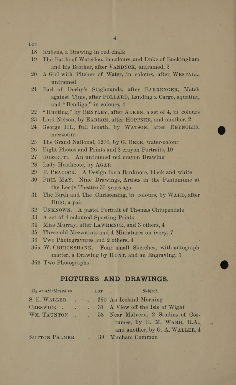 4 Lor 18 Rubens, a Drawing in red chalk 19 The Battle of Waterloo, in colours, and Duke of Batata and his Brother, after VANDYCK, unframed, 2 20 <A Girl with Pitcher of Water, in colours, after WESTALL, unframed | 21 Earl of Derby’s Staghounds, after BARRENGER, Match against Time, after POLLARD, Landing a Cargo, aquatint, and ‘ Bendigo,” in colours, 4 2 “Hunting,” by BENTLEY, after ALKEN, a set of 4, in colours > Lord Nelson, by EARLOM, after HOPPNER, and another, 2 4 George III., full length, by WATSON, after REYNOLDS, mezzotint 25 The Grand National, 1900, by G. BEER, water-colour 26 Hight Photos and Prints and 2 crayon Portraits, 10 27 ROSSETTI. An unframed red crayon Drawing 28 Lady Heathcote, by AGAR 29 KR. Peacock. A Design for a Banknote, black and white 300 PHIL MAy. Nine Drawings, Artists in the Pantomime at the Leeds Theatre 30 years ago dl The Birth and The Christening, in colours, by WARD, after BIGG, a pair d2 UNKNOWN. A pastel Portrait of Thomas Chippendale 33 <A set of 4 coloured Sporting Prints d4 Miss Murray, after LAWRENCE, and 3 others, 4 v0) Three old Mezzotints and 4 Miniatures on ivory, 7 06 Two Photogravures and 2 others, 4 : d64 W. CRUICKSHANK. Four small Sketches, with autograph matter, a Drawing by HUNT, and an Engraving, 3 86B Two Photographs PICTURES AND DRAWINGS. By or attributed to LOT Subject, S. E. WALLER . . 9860 An Iceland Morning CRESWICK . ; . of A View off the Isle of Wight WM. TAUNTON . . 388 Near Malvern, 2 Studies of Cos- tumes, by HK. M. WARD, R.A., and another, by G. A. WALLER, 4 SUTTON PALMER . od Mitcham Common