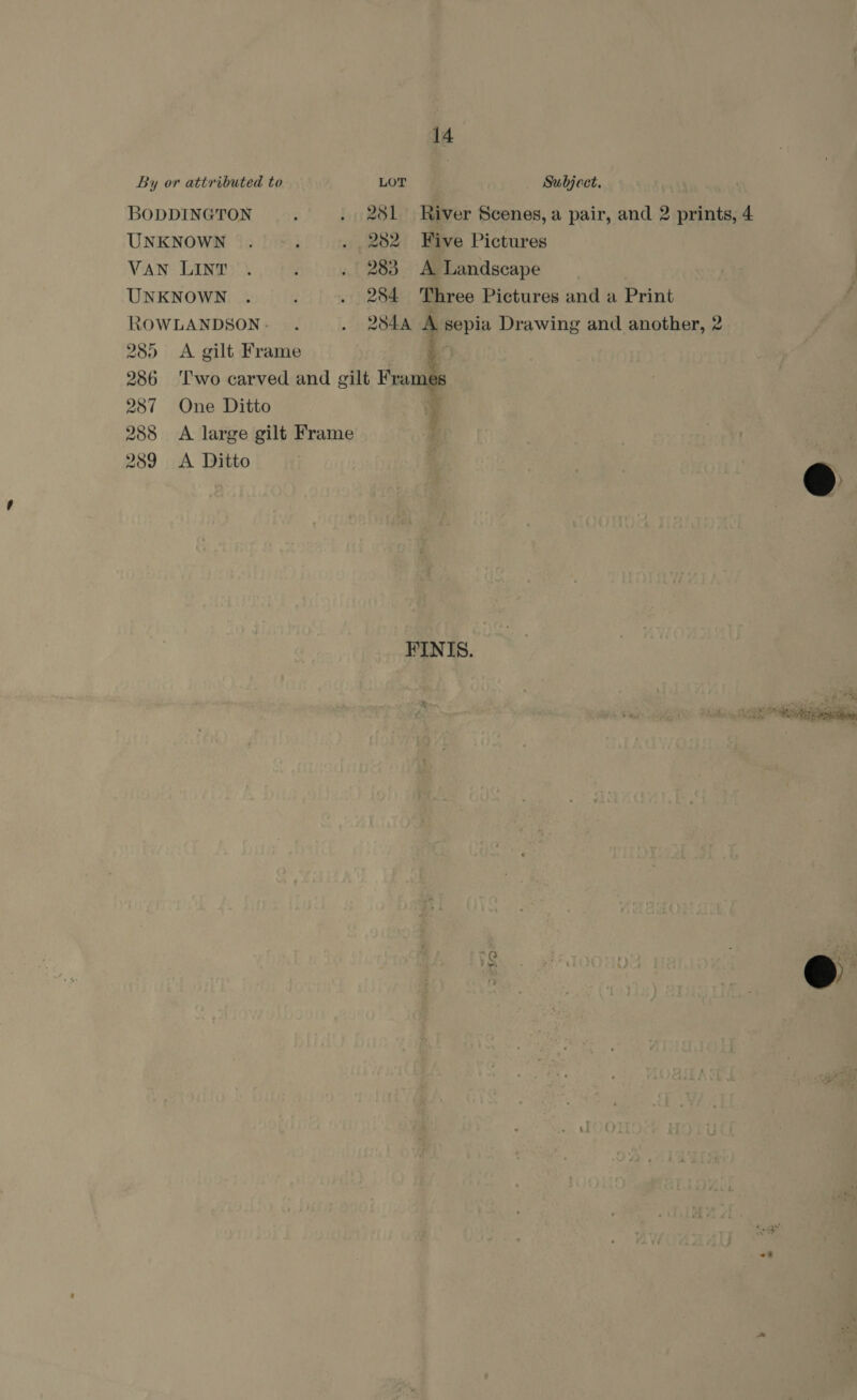 14 By or attributed to LOT Subject. BODDINGTON ; . 281 River Scenes, a pair, and 2 prints, 4 UNKNOWN . } . 282 Five Pictures Van Lint’. =. ~~... 283.-«- A Landscape UNKNOWN . . 284 Three Pictures and a Print ROWLANDSON.- . . 284A A sepia Drawing and another, 2 285 <A gilt Frame ; 286 ‘Two carved and gilt Frames 287 One Ditto if 288 <A large gilt Frame 289 A Ditto @ a ro i. FINIS. “7 a2. 4. pti ee Seat ls ca ae Un a . ei ts =