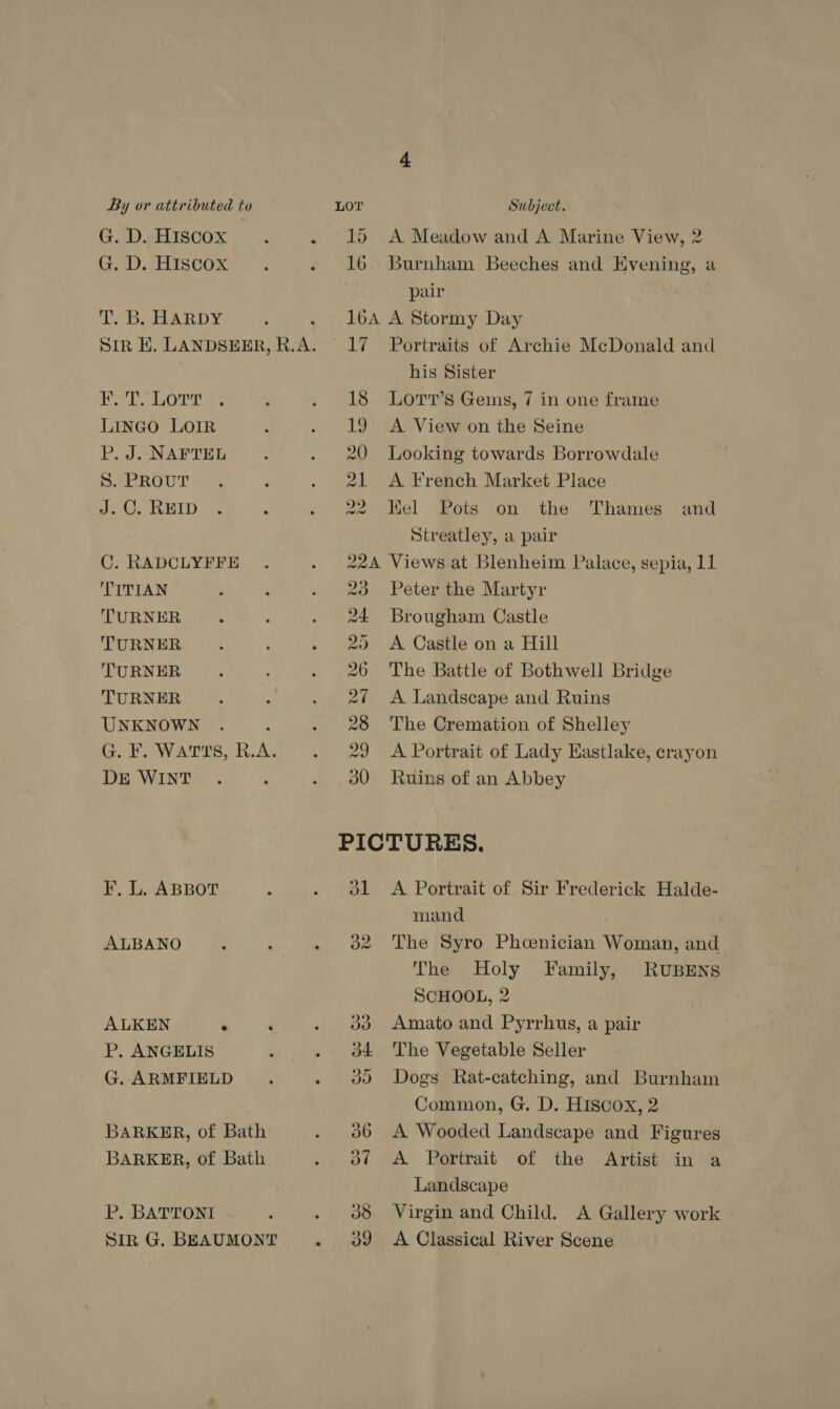 G. D. Hiscox G. D. Hiscox cL BawaARDY Ker Lort LINGO LOIR P. J. NAFTEL S. PROUT J.C. REID C. RADCLYFFE TITIAN TURNER TURNER TURNER TURNER UNKNOWN DE WINT F, L. ABBOT ALBANO ALKEN f r P. ANGELIS G. ARMFIELD BARKER, of Bath BARKER, of Bath P. BATTONI Sin G. BEAUMONT 15 A Meadow and A Marine View, 2 16 Burnham Beeches and Evening, a pair 16A A Stormy Day 17 Portraits of Archie McDonald and his Sister 18 Lorr’s Gems, 7 in one frame 19 A View on the Seine 20 Looking towards Borrowdale 21 &lt;A French Market Place 22 Kel Pots on the Thames and Streatley, a pair 22A Views at Blenheim Palace, sepia, 11 23 Peter the Martyr 24 Brougham Castle 2) &lt;A Castle on a Hill 26 The Battle of Bothwell Bridge 27 A Landscape and Ruins 28 The Cremation of Shelley 29 A Portrait of Lady Eastlake, crayon 30 Ruins of an Abbey PICTURES. 31 &lt;A Portrait of Sir Frederick Halde- mand 382 The Syro Phoenician Woman, and The Holy Family, RUBENS SCHOOL, 2 33 Amato and Pyrrhus, a pair 34 The Vegetable Seller 30 Dogs Rat-catching, and Burnham Common, G. D. Hiscox, 2 36 A Wooded Landscape and Figures of A Portrait of the Artist in a Landscape 38 Virgin and Child. A Gallery work a9 &lt;A Classical River Scene