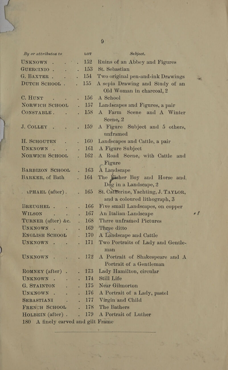 ea a; enc UNKNOWN GUERCINIO . G. BAXTER . C. HUNT NORWICH SCHOOL CONSTABLE. J. COLLEY H. SCHOUTEN UNKNOWN NORWICH SCHOOL BARBIZON SCHOOL BARKER, of Bath . \PHAEL (after). BREUGHEL . WILSON : TURNER (after) &amp;e. UNKNOWN ENGLISH SCHOOL UNKNOWN UNKNOWN . ROMNEY (after) . UNKNOWN G. STAINTON UNKNOWN SEBASTIANI FRENCH SCHOOL HOLBEIN (after) . 177 178 179 Ruins of an Abbey and Figures St. Sebastian Two original pen-and-ink Drawings Old Woman in charcoal, 2 A School Landscapes and Figures, a pair A Farm Scene and A Winter Scene, 2 unframed Landscapes and Cattle, a pair A Figure Subject A Road Scene, with Cattle and _Figure A Landscape he Bisher Boy and Horse and Dog in a Landscape, 2 St. Gaenerine: Yachting, J. TAYLOR, and a coloured lithograph, 3 Five small Landscapes, on copper An Italian Landscape Thrre unframed Pictures Three ditto A Landscape and Cattle Two Portraits of Lady and Genitle- man A Portrait of Shakespeare and A Portrait of a Gentleman Lady Hamilton, circular Still Life Near Gilmorton A Portrait of a Lady, pastel Virgin and Child The Bathers A Portrait of Luther  ef