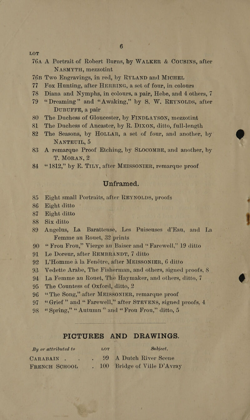6 / NASMYTH, mezzotint 7 718 79 80 81 82 83 84 Fox Hunting, after HERRING, a set of four, in colours Diana and Nymphs, in colours, a pair, Hebe, and 4 others, 7 “Dreaming” and “Awaking,” by 8S. W. REYNOLDS, after DUBUFFE, a pair The Duchess of Gloucester, by FINDLAYSON, mezzotint The Duchess of Ancaster, by R. DIXON, ditto, full-length The Seasons, by HOLLAR, a set of four, and another, by NANTEUIL, 5 A remarque Proof Etching, by SLOCOMBE, and another, by T. MORAN, 2 “1812,” by E. TILy, after MEISSONIER, remarque proof Unframed. Hight small Portraits, after REYNOLDS, proofs Kight ditto Hight ditto Six ditto Angelus, La Baratteuse, .Les Puiseuses d’Hau, and La Femme au Rouet, 32 prints “ Frou Frou,” Vierge au Baiser and ‘ Farewell,” 19 ditto Le Doreur, after REMBRANDT, 7 ditto L’Homme a la Fenétre, after MEISSONIER, 6 ditto Vedette Arabe, The Fisherman, and others, signed proofs, 8 La Femme au Rouet, The Haymaker, and others, ditto, 7 The Countess of Oxford, ditto, 2 ‘‘The Song,” after MEISSONIER, remarque proof “Grief” and “ Farewell,” after STEVENS, signed proofs. 4 “ Spring,” “Autumn” and “Frou Frou,” ditto, 5 _  PICTURES AND DRAWINGS.