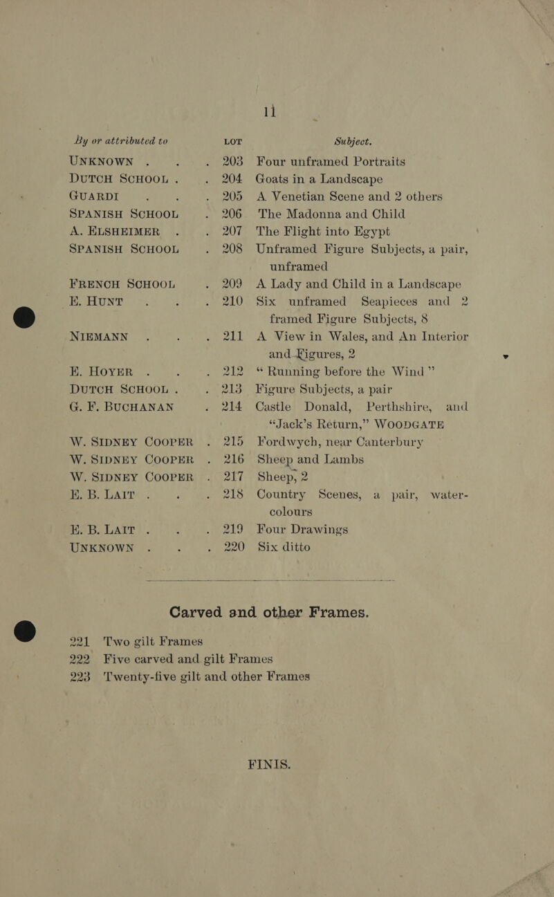 UNKNOWN DUTCH SCHOOL . GUARDI : SPANISH SCHOOL A. ELSHEIMER SPANISH SCHOOL FRENCH SCHOOL E. HUNT NIEMANN EK. HOYER DUTCH SCHOOL . G. F. BUCHANAN W. SIDNEY COOPER W. SIDNEY COOPER W. SIDNEY COOPER E. B. LAIT H. B. LAIT UNKNOWN li Four unframed Portraits Goats in a Landscape A Venetian Scene and 2 others The Madonna and Child The Flight into Egypt Unframed Figure Subjects, a pair, unframed A Lady and Child in a Landscape Six unframed Seapieces and 2 framed Figure Subjects, 8 A View in Wales, and An Interior and Figures, 2 “ Running before the Wind ” Figure Subjects, a pair Castle Donald, Perthshire, “Jack’s Return,’ WOODGATE Fordwych, near Canterbury and Sheep and Lambs Sheep, 2 Country Scenes, a pair, water- colours Four Drawings Six ditto 