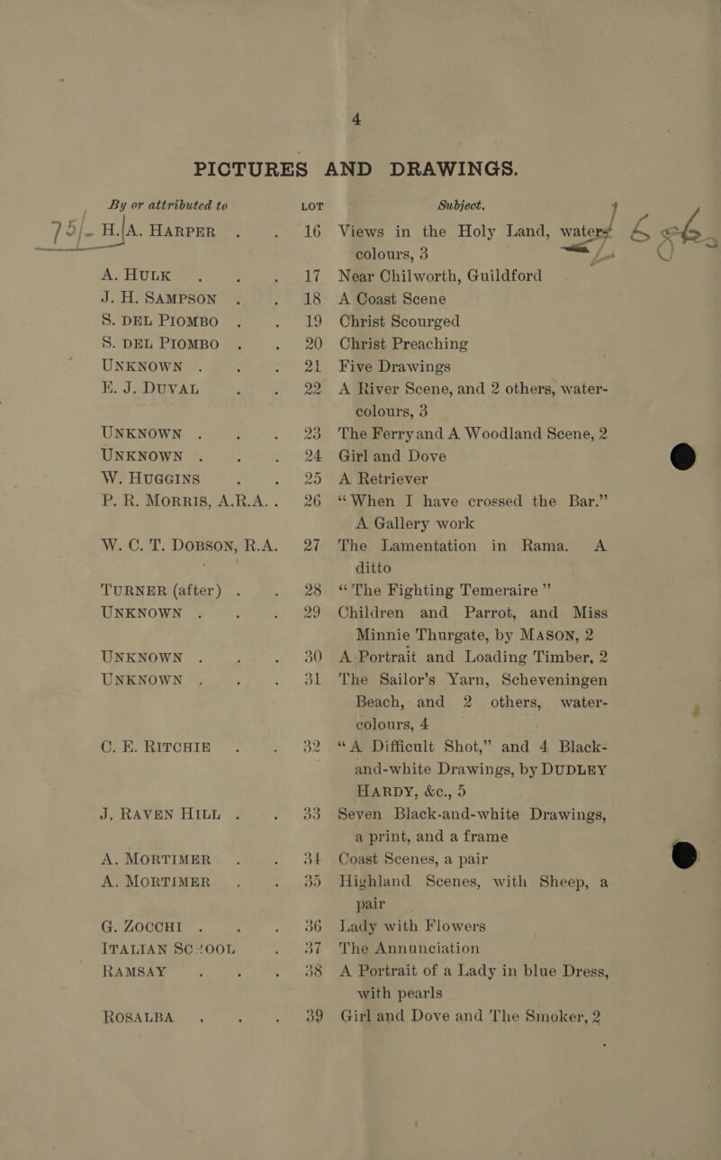 PICTURES AND DRAWINGS. By or attributed to LOT Subject. q /2I- WIA. HARPER . . 16 Views in the Holy Land, waters ra ots a eb See ie jf C) ~~ colours, 3 L- X AG ULE. ; . 17 Near Chilworth, Guildford J.H. SAMPSON . . 18 A Coast Scene S. DEL PIOMBO . . 19 Christ Scourged S. DEL PIOMBO . . 20 Christ Preaching UNKNOWN . ; . 21 Five Drawings K. J. DUVAL ; . 22 <A River Scene, and 2 others, water- colours, 3 UNKNOWN : . 28 The Ferryand A Woodland Scene, 2 UNKNOWN. . .. 24 Girland Dove W. HUGGINS P . 20 A Retriever P. R. Morris, A.R.A.. 26 ‘When I have crossed the Bar.” A Gallery work W.C.T. DOBSON, R.A. 27 The Lamentation in Rama. A   ditto TURNER (after) . . 28 “The Fighting Temeraire ” UNKNOWN . : . 29 Children and Parrot, and Miss Minnie Thurgate, by MASON, 2 UNKNOWN . ; . 30 A Portrait and Loading Timber, 2 UNKNOWN . ; . ol The Sailor’s Yarn, Scheveningen Beach, and 2 others, water- : colours, 4 C. EH. RITCHIE . . 32 .%A Difficult Shot,” and 4 Black- and-white Drawings, by DUDLEY HARDY, &amp;c., 5 J, RAVEN HILL . . 383 Seven Black-and-white Drawings, a print, and a frame A. MORTIMER . . 34 Coast Scenes, a pair ce A. MORTIMER . . 38d Highland Scenes, with Sheep, a pair G. ZOCCHI . : . 386 Lady with Flowers ITALIAN SC2OOL . Ot The Annunciation RAMSAY : . 38 A Portrait of a Lady in blue Dress, with pearls ROSALBA ; . 09 Girl and Dove and The Smoker, 2