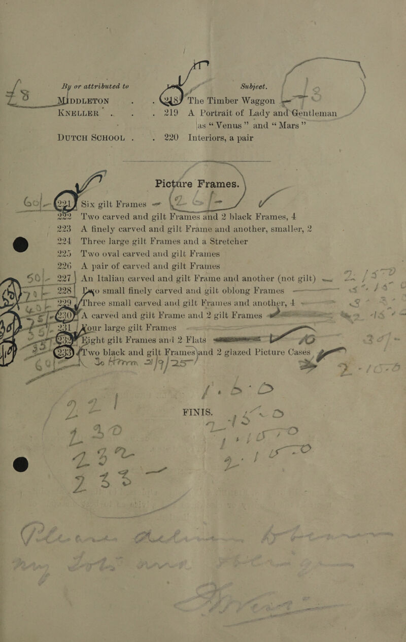       By or attributed to p Subject. DDLETON : A Cas) ‘The Timber Waggon =~ KNELLER .. ; . 219 A Portrait of Lady and Gentleman jas * Venus ” and “ Mars” DUTCH SCHOOL . . 220 Interiors, a pair   Picture Frames. ¥ _* Six gilt Frames < |< ‘Two carved and gilt Frames and 2 black Frames, 4   A finely carved and gilt Frame and another, smaller, 2 Three large gilt Frames and a Stretcher Two oval carved and gilt Frames A pair of carved and gilt Frames An Italian carved and gilt Frame and another (not gilt) o small Manet! carved ae a ea Frames ———— ° anf A carved and gilt Frame man 2 gilt Frames 3 our large gilt Frames eat WY ieht gilt Frames anid 2 Flats eee to Herre =! Ig 25 } aA f f ~ A ' f é Farge | . Lae FINIS. ee. TS “ie £3 ‘i / ~? whe