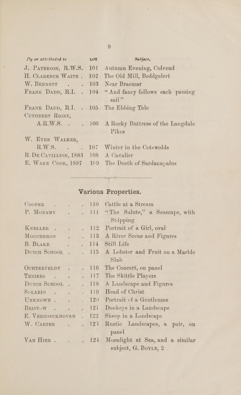 ity or attributed to LOT Subject, J. Paterson, R.W.S. 101 Autumn Evening, Colvend H. Crarenck Waite. 102 The Old Mill, Beddgelert W. BENNETT : . 103 Near Braemar Frank Dapp, R.I. . 104 “And fancy follows each passing sail ” Frank Dapp, R.I. . 105 The Ebbing Tide CurHBERT Riapy, AR W..Bs0 . 106 A Rocky Buttress of the Langdale Bf Pikes W. Eyre WALKER, Wiss. . 107 Winter in the Cotswolds R. De Cavititon, 1883 108 A Cavalier HK. Wake Coox, 1897 169 The Death of Sardanapalus  Various Properties. CooPER. ; . 110 Cattle at a Stream P. Monamy . Ill. “The Salute,’ a Seascape, with Shipping KNELLER . . 112 Portrait of a Girl, oval MovucHERON : . 113 A River Scene and Fignres B. BuaKkE fy «114 =Serit Life , DutcH ScHOOL . . 115 A Lobster and Fruit on a Marble Slab OQCHTERVELDT . . 116 The Concert, on panel TENIERS . : . 117 The Skittle Players Dutcu ScHoon . . 118 A Landscape and Figures SoLaRIo.. . 119 Head of Christ — UNKNOWN . : . 120 Portrait of a Gentleman Bristow. ; . 121. Donkeys in a Landscape E. Versorcknoven . 122 Sheep in a Landscape W. CARTER . 123 Rustic Landscapes, a pair, on panel 7 Van Hier . , 124 Moonlight at Sea, and a similar subject, G. BoyLe, 2