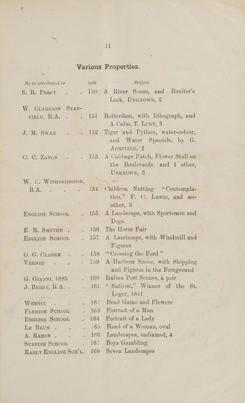 F | By or attributed to S. R. Percy W. CuLarKson STAN- FIELD, R.A. J. M. Swan C.-C. ZaNon W. i. WITHERINGTON, R-A. ENGLISH SCHOOL EK. R. SMYTHE ENGLISH SCHOOL QO. G. CLARKE VERNET G. GIANNI, 1885 J. BERRY, R.A. WEENIX FLemisa SCHOOL Eneiiso SCHOOL Le Brun A. Ramus . SPANISH SCHOOL Barty ENGLisH Scw’L. LOT 150 103 154 155 156 1>7 158 159 160 161 iG? 163 164 i695 166 167 168 Subject. A River Scene, and Boulter’s Lock, Unknown, 2 Rotterdam, with lithograph, and A. Calor, IT. buny,,.3 Tiger and Python, water-colour, and Water Spaniels, by G. ARMFIELD, 2 A Cabbage Patch, Flower Stall on the Boulevards, and 1 other, Unknown, 3 Children Nutting, ‘ Contempla- tion,’ FEF. ©. Lewis, and an- other, 3 A Landscape, with Sportsmen and Dogs The Horse Fair A Landscape, with Windmill and Figures “ Crossing the Ford” A Harbour Scene, with Shipping and Figures in the Foreground Italiau Port Scenes, a pair ‘ Satirist,’ Winner of the St. Leger, 1841 Dead Game and Flowers Portrait of a Man Portrait of a Lady Head of a Woman, oval Landscapes, unframed, 4 Boys Gambling Seven Landscapes