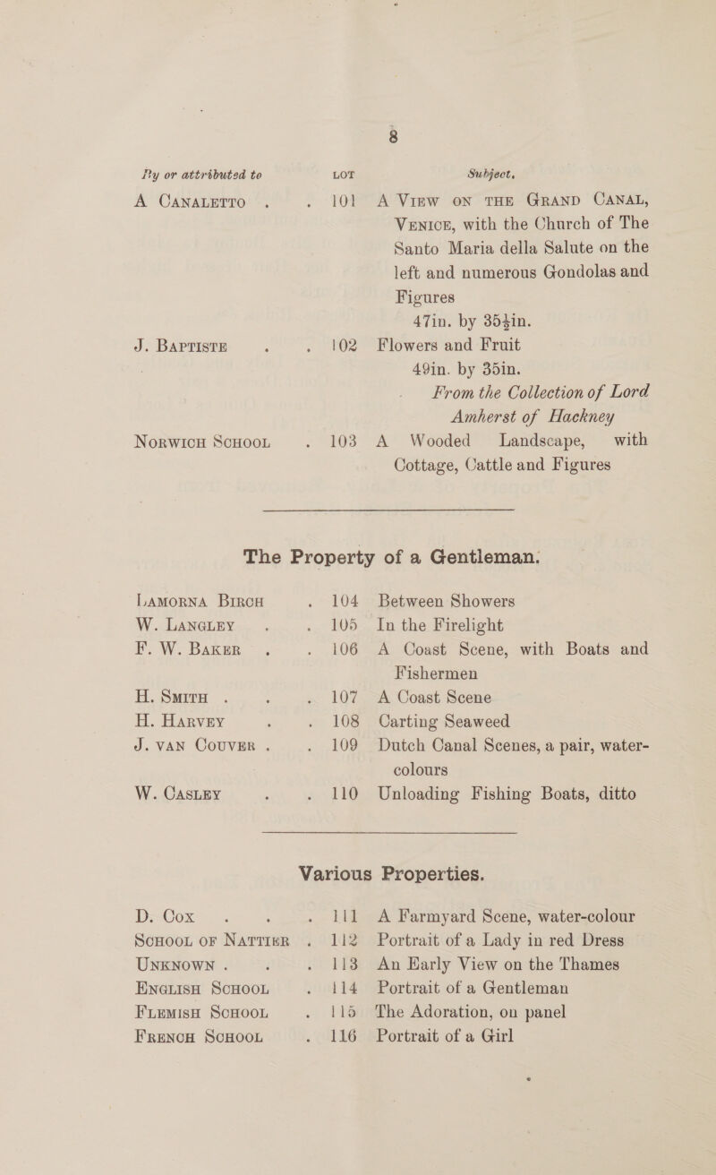 A CANALETTO . TO J. BAPTISTE : <2 NORWICH SCHOOL ¢ PROS A Virw on THE GRAND CANAL, VENICE, with the Church of The Santo Maria della Salute on the left and numerous Gondolas and Figures 47in. by 354in. Flowers and Fruit 49in. by 35in. From the Collection of Lord Amherst of Hackney A Wooded Landscape, with Cottage, Cattle and Figures LAMORNA BIRCH . 104 W. LANGLEY .- £05 EF. W. Baker . . , LOG H. Suira . ! a 104 H. Harvey : . 108 J. VAN COUVER . ee OLS) W. CAsLEy : . 110 Between Showers In the Firelight A Coast Scene, with Boats and Fishermen A Coast Scene Carting Seaweed Dutch Canal Scenes, a pair, water- colours Unloading Fishing Boats, ditto D=Cox.. : bia ScHoot oF NatrieR . 112 UNKNOWN . } ae ENGLISH SCHOOL ua ba Fiemisn ScHoon . 1% FRENCH SCHOOL a A Farmyard Scene, water-colour Portrait of a Lady in red Dress An Early View on the Thames Portrait of a Gentleman The Adoration, on panel Portrait of a Girl