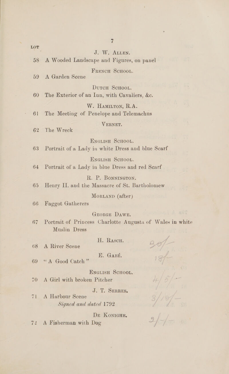 LOT J. W. ALLEN. 58 A Wooded Landscape and Figures, on panel FRENCH SCHOOL. 59 <A Garden Scene DutcH ScHoo.. 60 The Exterior of an Inn, with Cavaliers, &amp;c. W. Hamitton, R.A. 61 The Meeting of Penelope and Telemachus VERNET. 62 The Wreck ENNGLIsH SCHOOL. 63 Portrait of a Lady in white Dress and blue Scarf ENGLISH SCHOOL. 64 Portrait of a Lady in blue Dress and red Scarf R. P. Bonnineton. 65 Henry II. and the Massacre of St. Bartholomew Mor.anp (after) 66 Faggot Gatherers GEORGE Dawe. 67 Portrait of Princess Charlotte Augusta of Wales in white Muslin Dress H. Rascu. 68 A River Scene EE. GABE. 69 ‘** A Good Catch ” ENGLISH SCHOOL. 70 A Girl with broken Pitcher Jd. T. SERRE, 71 A Harbour Scene Signed and dated 1792 Dr KoniGcHE. 72 A Fisherman with Dog
