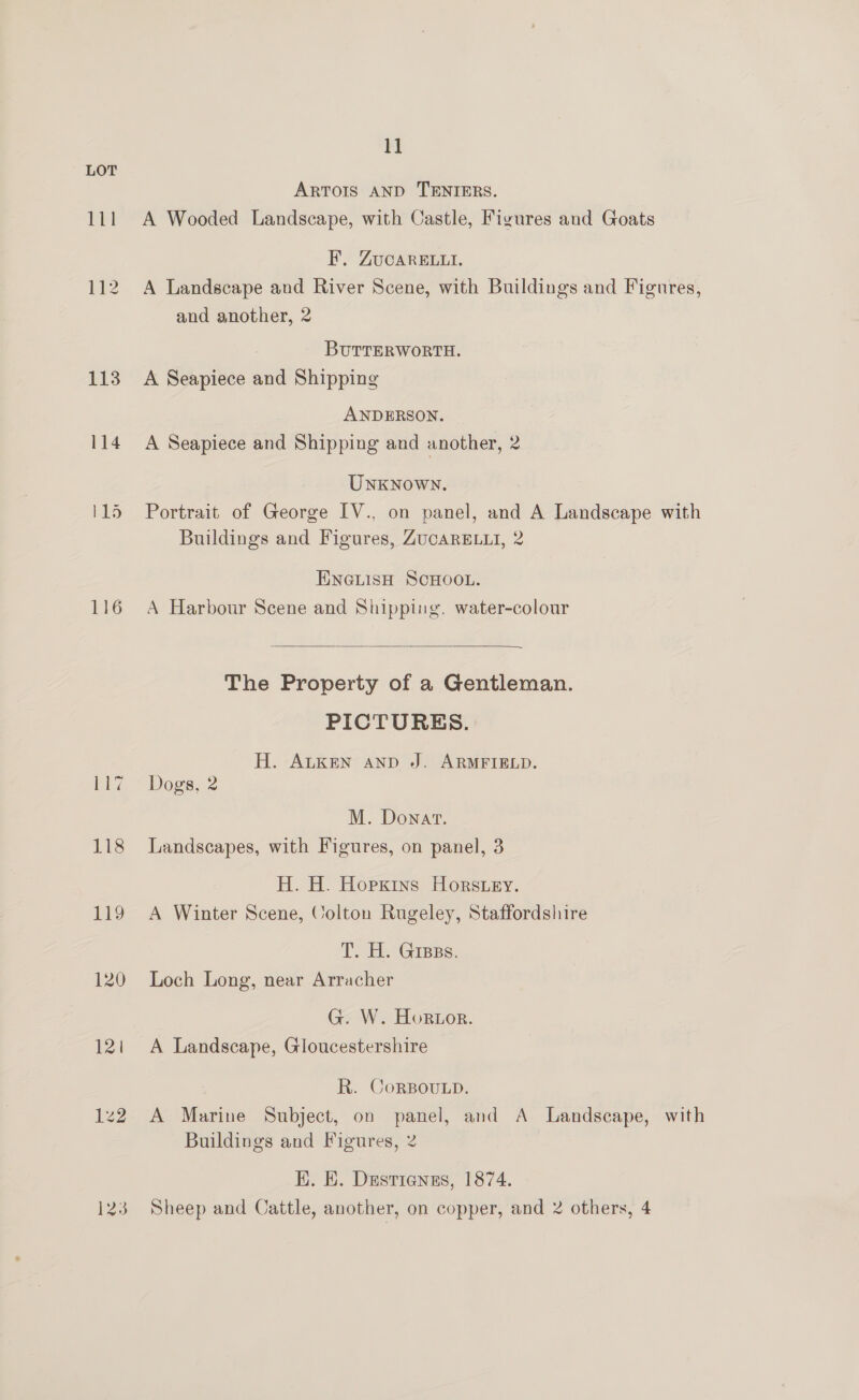 PY 116 120 121 E22 11 ARTOIS AND TENIERS. A Wooded Landscape, with Castle, Figures and Goats FP. ZucarE..i. A Landscape and River Scene, with Buildings and Figures, and another, 2 BUTTERWORTH. A Seapiece and Shipping ANDERSON. A Seapiece and Shipping and another, 2 UNKNOWN. Portrait of George IV., on panel, and A Landscape with Buildings and Figures, ZucARELLI, 2 ENGLISH SCHOOL. A Harbour Scene and Shipping, water-colour  The Property of a Gentleman. PICTURES. H. ALKEN AND J. ARMFIELD. Dogs, 2 M. Donat. Landscapes, with Figures, on panel, 3 H. H. Hopkins Horsey. A Winter Scene, Colton Rugeley, Staffordshire T. H. Gress. Loch Long, near Arracher G. W. Hortor. A Landscape, Gloucestershire R. CorBou.p. A Marine Subject, on panel, and A Landscape, with Buildings and Figures, 2 EK. E. Dustiensgs, 1874. Sheep and Cattle, another, on copper, and 2 others, 4