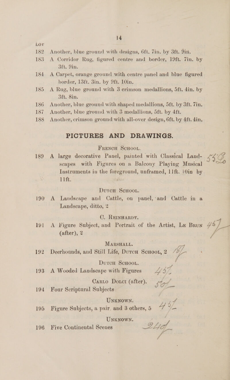 182 183 184 185 186 187 188 189 191 195 196 14 Another, blue ground with designs, 6ft. Zin. by 3ft. 9in. A Corridor Rug, figured centre and border, 19ft. 7in. by Bit. 9m. A Carpet, orange ground with centre panel and blue figured border, 13ft. 3in. by 9ft. 10in. dft. 8in. Another, blue ground with shaped medallions, 5ft. by 3ft. Tin. Another, blue ground with 3 medallions, 5ft. by 4ft. Another, crimson ground with all-over design, 6ft. by 4ft. 4in. PICTURES AND DRAWINGS. Frencw ScHoot.. A large decorative Panel, painted with Classical Land- scapes, with Figures on a Balcony Playing Musical Instruments in the foreground, unframed, 11ft. 10in by 11%. DutcH ScHOOL. A Landscape and Cattle, on panel,:and Cattle in a Landscape, ditto, 2 CO. REINHARDT. A Figure Subject, and Portrait of the Artist, Ly Brun (after), 2 MARSHALL. . oe Deerhounds, and Still Life, Durca ScHoot,2 /% y, = Durcu ScHoot. pe A Wooded Landscape with Figures we “PS Caro Dotct (after). Sty. Four Scriptural Subjects niepene UNKNOWN. D247 Figure Subjects, a pair. and 3 others, 5 4 ye UNKNOWN. Five Continental Scenes obese eee _i rane é) lo