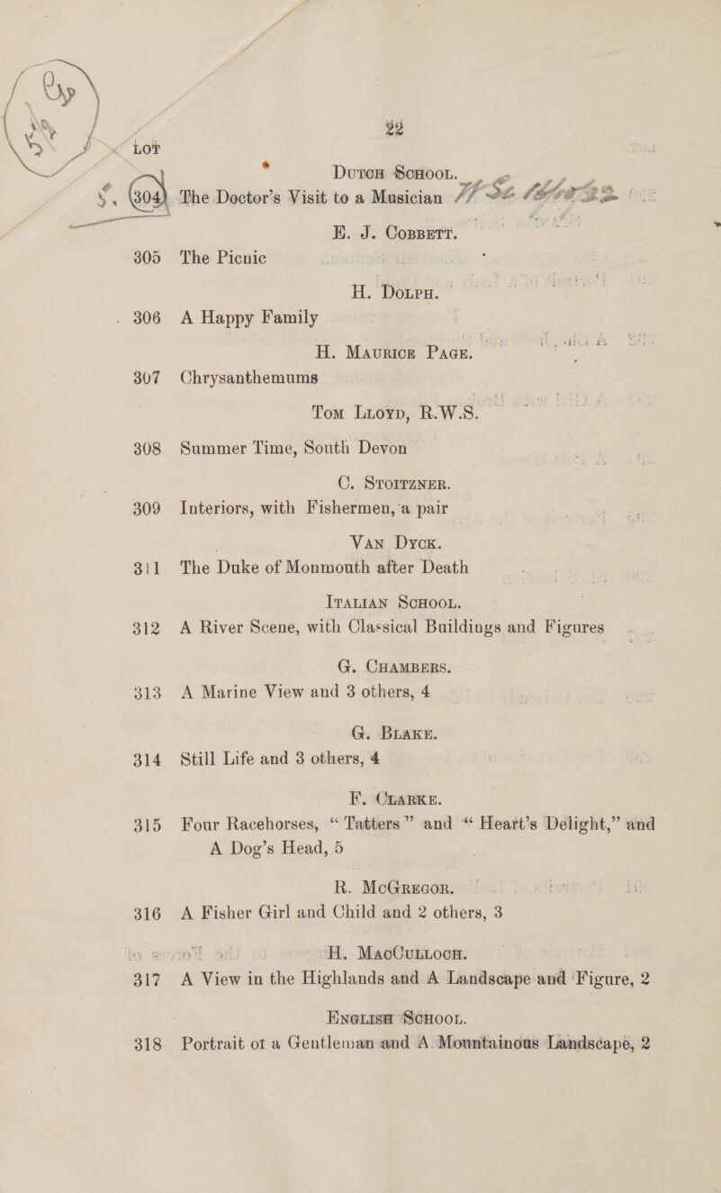 aS @ 305 307 308 309 311 312 313 314 a15 316 22 Dures Scoot. oS, The Doctor’s Visit to a Musician ff 2b 08 ha e he Bp E. J. Cosserr. ‘ ome The Picnic Ley H. Doupu. A Happy Family H. Mavrice Pian. sate Chrysanthemums Tom Luoyp, R.W.S. Summer Time, South Devon CO. STorrzNer. Interiors, with Fishermen, a pair | Van Dyck. The Duke of Monmouth after Death IraLIaAN SCHOOL. A River Scene, with Classical Buildings and Figures G. CHAMBERS. A Marine View and 3 others, 4 G. BLAKE. Still Life and 3 others, 4 EF. CLARKE. | Four Racehorses, “ Tatters”” and “ Heart’s Delight,” and A Dog’s Head, 5 R. MoGreeor. A Fisher Girl and Child and 2 others, 3 -H. MacCuntocn. ENGLISH SCHOOL. Portrait ot a Gentleman and A Mountainous Landscape, 2
