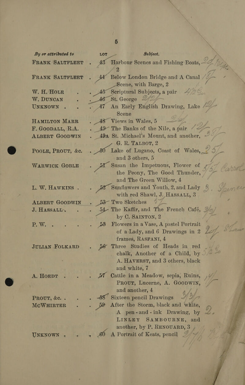 W. H. Hoe W. DUNCAN UNKNOWN . f HAMILTON MARR F. GOODALL, R.A. ALBERT GOODWIN WARWICK GOBLE L. W. HAWKINS . J. HASSALLN BaW: JULIAN FOLKARD A, HOEDT PROUT, &amp;e. . McWHIRTER UNKNOWN . 48 Basbou Scenes and Fishing Boats, — J 2 ra ® Ma Below London Bridge and A Canal /¢-~ . _-Beene, with Barge, 2 / ; ae Scriptural “NN sey Baa A “St. George Y; At An Early English Drawing, Scene ; See ae in Wales, 5 ee _49~ The Banks of the Nile, a pair 1 Lr- 49a St. Michael’s Mount, and another, ~ G. R. TALBOT, 2 : Lake of Lugano, Coast of Wales, he 7 Se and 3 others, 5 v2) Susan the Impetuous, Flower of ¢_- the Peony, The Good Thunder, ~~ and The Green Willow, 4 Sunflowers and Youth, 2,and Lady with red Shawl, J.. HASSALL, 3 _538- Two Sketches ve - etre The Kaffir,and The French Café, 9» / by C. SAINTON, 2 »8 Flowers in a Vase, A pastel Portrait of a Lady, and 6 Drawings in 2 frames, RASFANT, 4 f. p&amp; Three Studies of Heads in red chalk, Another of a Child, by. A. HAVERST, and 3 others, black and white, 7 bY Cattle in a Meadow, sepia, Ruins, PROUT, Lucerne, A. GOODWIN, and another, 4 roa “ Sixteen pencil Drawings ~” 2) - 8 After the Storm, black and white, A pen-and-ink Drawing, by LINLEY SAMBOURNE, and another, by P. RENOUARD, 3 , : A Portrait of Keats, pencil Wy Lake fe —e_ 2) 