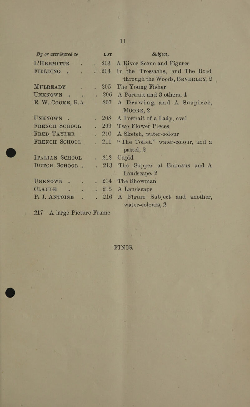 L’?HERMITTE FIELDING MULREADY UNKNOWN UNKNOWN FRENCH SCHOOL FRED TAYLER FRENCH SCHOOL ITALIAN SCHOOL DUTCH SCHOOL . UNKNOWN CLAUDE P. J. ANTOINE 1] A River Scene and Figures In the Trossachs, and The Road through the Woods, BEVERLEY, 2 The Young Fisher A Portrait and 3 others, 4 A Drawing, and A Seapiece, MOORE, 2 A Portrait of a Lady, oval Two Flower Pieces A Sketch, water-colour “The Toilet,” water-colour, and a pastel, 2 Cupid The Supper at Emmaus and A Landscape, 2 The Showman A Landscape A Figure Subject and another, water-colours, 2