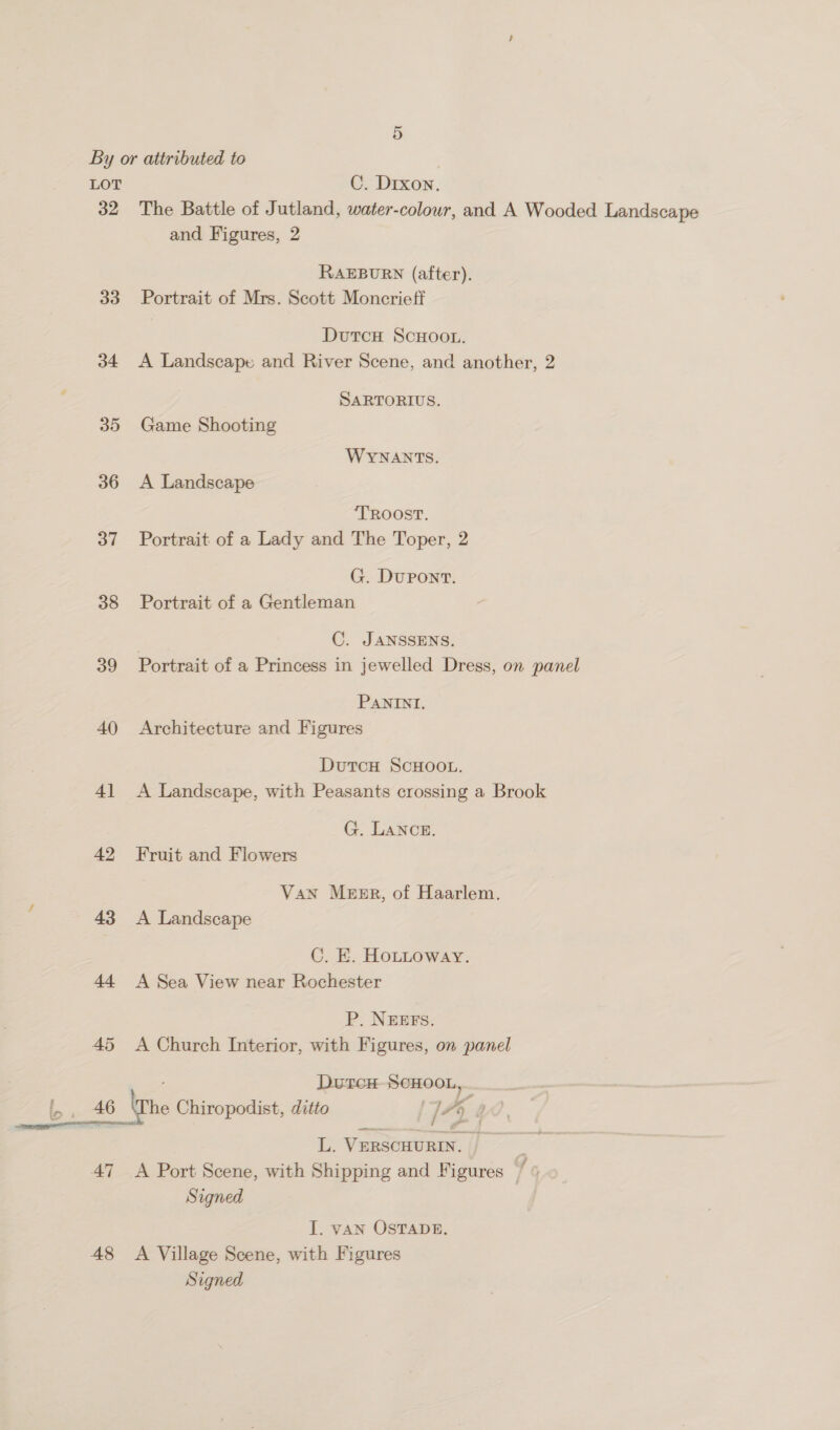 f eo | 32 The Battle of Jutland, water-colour, and A Wooded Landscape and Figures, 2 RAEBURN (after). 33 Portrait of Mrs. Scott Moncrietf DutcH ScHoou. 34 <A Landscape and River Scene, and another, 2 SARTORIUS. 35 Game Shooting WYNANTS, 36 A Landscape ‘TROOST. 37 Portrait of a Lady and The Toper, 2 G. Dupont. 38 Portrait of a Gentleman C. JANSSENS. 39 Portrait of a Princess in jewelled Dress, on panel PANINI. 40 Architecture and Figures DutcH SCHOOL. 41 A Landscape, with Peasants crossing a Brook G. LANCE. 42 Fruit and Flowers Van Menmr, of Haarlem. 43 <A Landscape GC. E. HOLLOWAY. 44 <A Sea View near Rochester P. NEEFS. 45 A Church Interior, with Figures, on panel Eas DurcH SCHOOL, P : jn 1 460 ‘ he Chiropodist, ditto ]/79 “a : L. VERSCHURIN. 47 A Port Scene, with Shipping and Figures | Signed } I. vAN OSTADE. 48 A Village Scene, with Figures Signed