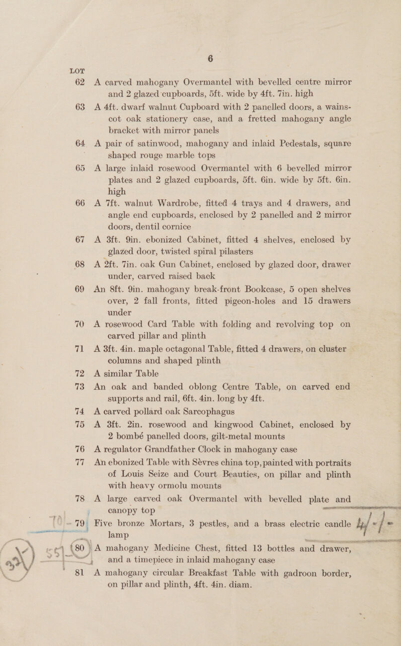 62 63 64 65 66 78 255 RAO NCS BV whic, a (80) » i ee 6 A carved mahogany Overmantel with bevelled centre mirror and 2 glazed cupboards, 5ft. wide by 4ft. Tin. high A 4ft. dwarf walnut Cupboard with 2 panelled doors, a wains- cot oak stationery case, and a fretted mahogany angle bracket with mirror panels . A pair of satinwood, mahogany and inlaid Pedestals, square shaped rouge marble tops A large inlaid rosewood Overmantel with 6 bevelled mirror plates and 2 glazed cupboards, 5ft. 6in. wide by 5ft. 6in. high A 7ft. walnut Wardrobe, fitted 4 trays and 4 drawers, and angle end cupboards, enclosed by 2 panelled and 2 mirror doors, dentil cornice A 3ft. 9in. ebonized Cabinet, fitted 4 shelves, enclosed by glazed door, twisted spiral pilasters A 2ft. 7in. oak Gun Cabinet, enclosed by glazed door, drawer under, carved raised back An 8ft. 9in. mahogany break-front Bookcase, 5 open shelves under A rosewood Card Table with folding and revolving top on carved pillar and plinth columns and shaped plinth A similar Table An oak and banded oblong Centre Table, on carved end supports and rail, 6ft. 4in. long by 4ft. A carved pollard oak Sarcophagus A 3ft. 2in. rosewood and kingwood Cabinet, enclosed by 2 bombé panelled doors, gilt-metal mounts A regulator Grandfather Clock in mahogany case An ebonized Table with Sevres china top, painted with portraits of Louis Seize and Court Beauties, on pillar and plinth with heavy ormolu mounts A large carved oak Overmantel with bevelled plate and canopy top Five bronze Mortars, 3 pestles, and a brass electric candle lamp he A mahogany Medicine Chest, fitted 13 bottles sii drawer, A mahogany circular Breakfast Table with gadroon border, on pillar and plinth, 4ft. 4in. diam.