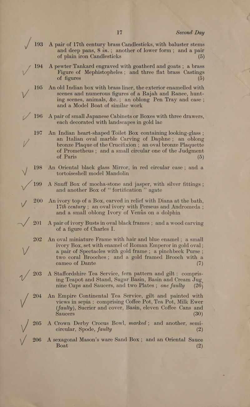 A pair of 17th century brass Candlesticks, with baluster stems and deep pans, 8 in. ; another of lower form; and a pair of plain iron Candlesticks (5) A pewter Tankard engraved with goatherd and goats ; a brass Figure of Mephistopheles ; and three flat brass Castings © of figures (5) An old Indian box with brass liner, the exterior enamelled with scenes and numerous figures of a Rajah and Ranee, hunt- ing scenes, animals, &amp;c.; an oblong Pen Tray and case ; and a Model Boat of similar work A pair of small Japanese Cabinets or Boxes with three drawers, each decorated with landscapes in gold lac An Indian heart-shaped Toilet Box containing looking-glass ; an Italian oval marble Carving of Daphne; an oblong bronze Plaque of the Crucifixion ; an oval bronze Plaquette of Prometheus ; and a small circular one of the Judgment of Paris (5) An Oriental black glass Mirror, in red circular case ; and a tortoiseshell model Mandolin A Snuff Box of mocha-stone and jasper, with silver fittings ; and another Box of “‘ fortification’ agate An ivory top of a Box, carved in relief with Diana at the bath, 17th century ; an oval ivory with Perseus and Andromeda ; and a small oblong Ivory of Venus on a dolphin A pair of ivory Busts in oval black frames ; and a wood carving of a figure of Charles I. An oval miniature Frame with hair and blue enamel ; a small ivory Box, set with enamel of Roman Emperor in gold oval ; a pair of Spectacles with gold frame ; a pinchbeck Purse ; two coral Brooches; and a gold framed Brooch with a cameo of Dante (7) A Staffordshire Tea Service, fern pattern and gilt: compris- ing Teapot and Stand, Sugar Basin, Basin and Cream Jug, nine Cups and Saucers, and two Plates; one faulty (26) An Empire Continental Tea Service, gilt and painted with views in sepia : comprising Coffee Pot, Tea Pot, Milk Ewer (faulty), Sucrier and cover, Basin, eleven Coffee Cans and Saucers (30) A Crown Derby Crocus Bowl, marked; and another, semi- circular, Spode, faulty (2) A sexagonal Mason’s ware Sand Box ; and an Oriental Sauce Boat (2)